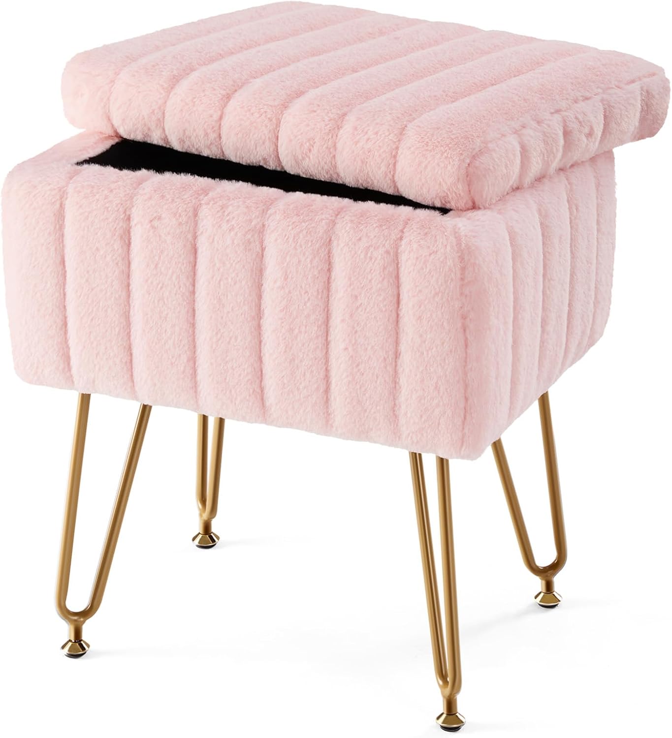 Sweetcrispy Vanity Stool Chair with Storage, Ottoman Faux Fur Soft Padded Makeup Footstools Seat with 4 Metal Legs Anti-Slip Adjustable Feet Modern Cute Small Footrest for Home Entryway Bedroom White
