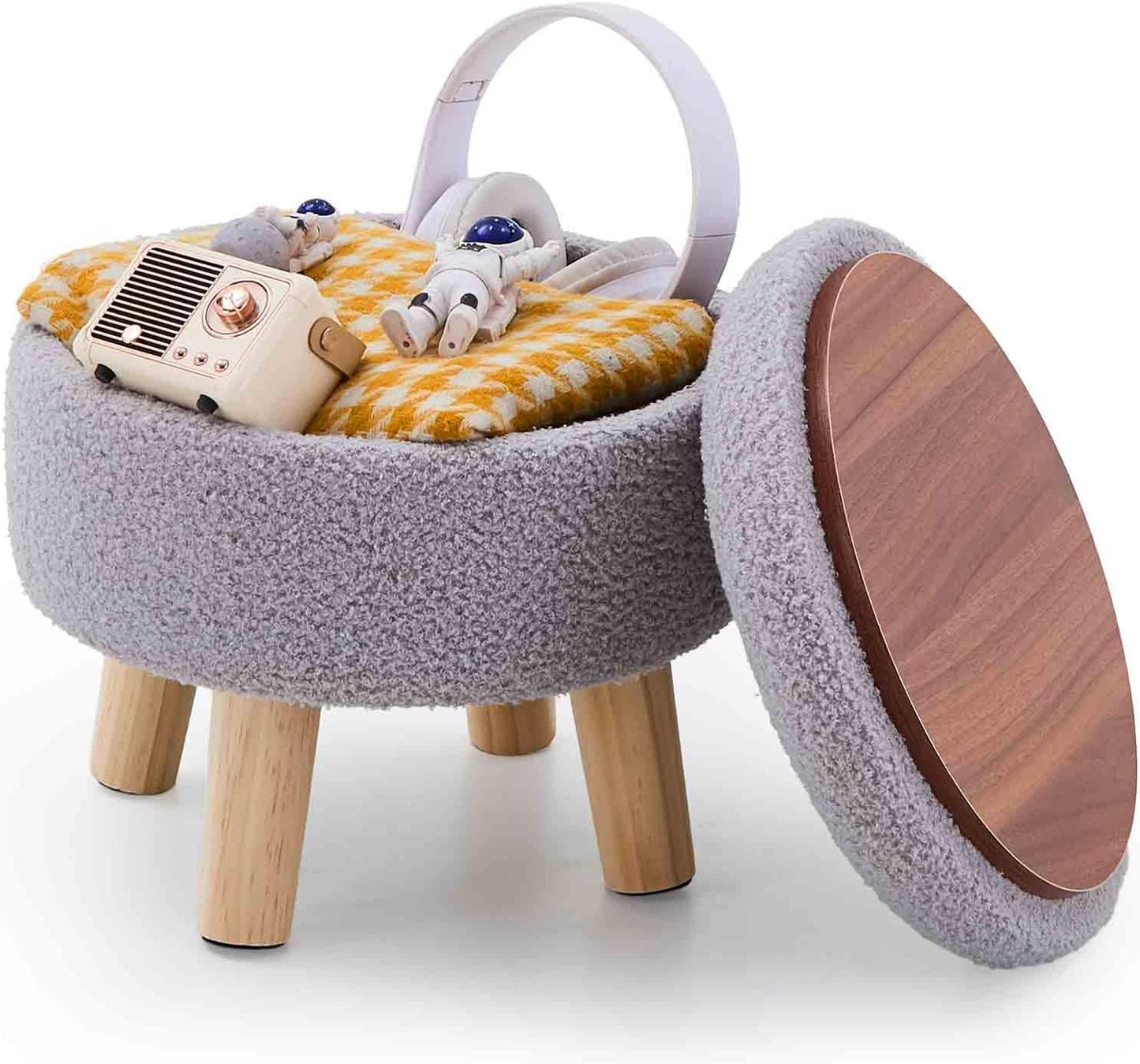 Wimarsbon Storage Ottoman, Modern Round Footrest with Soft Padded Seat, Teddy Velvet Footstool with Wood Legs, Accent Small Table or Plant Stand for Hallway, Living Room (Cream)
