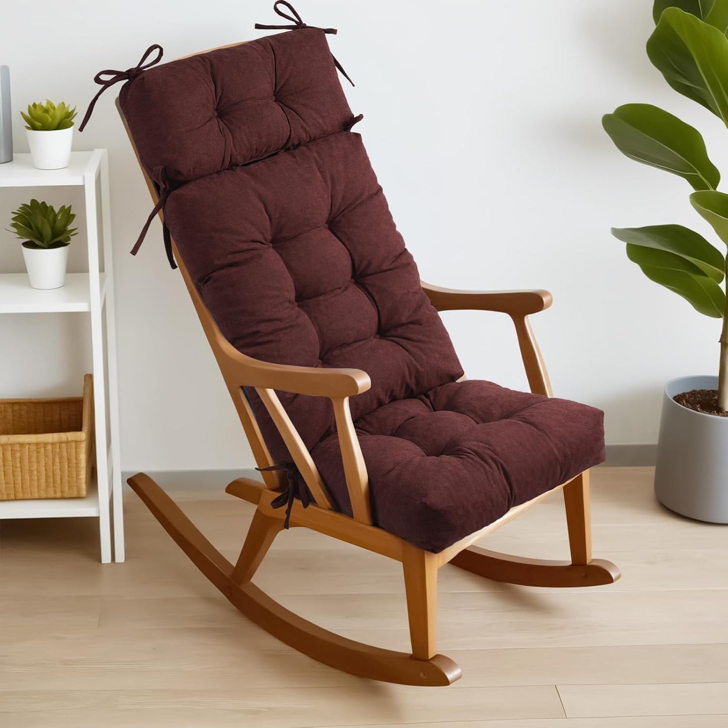 Millsilo Rocking Chair Cushions for Indoor Rocker, Comfortable Chenille Tufted Non-Slip Rocking Chair Pads with Ties for Adirondack, Glider Chair Rocker Replacement Cushions, Wine red, 52"x19"x4"