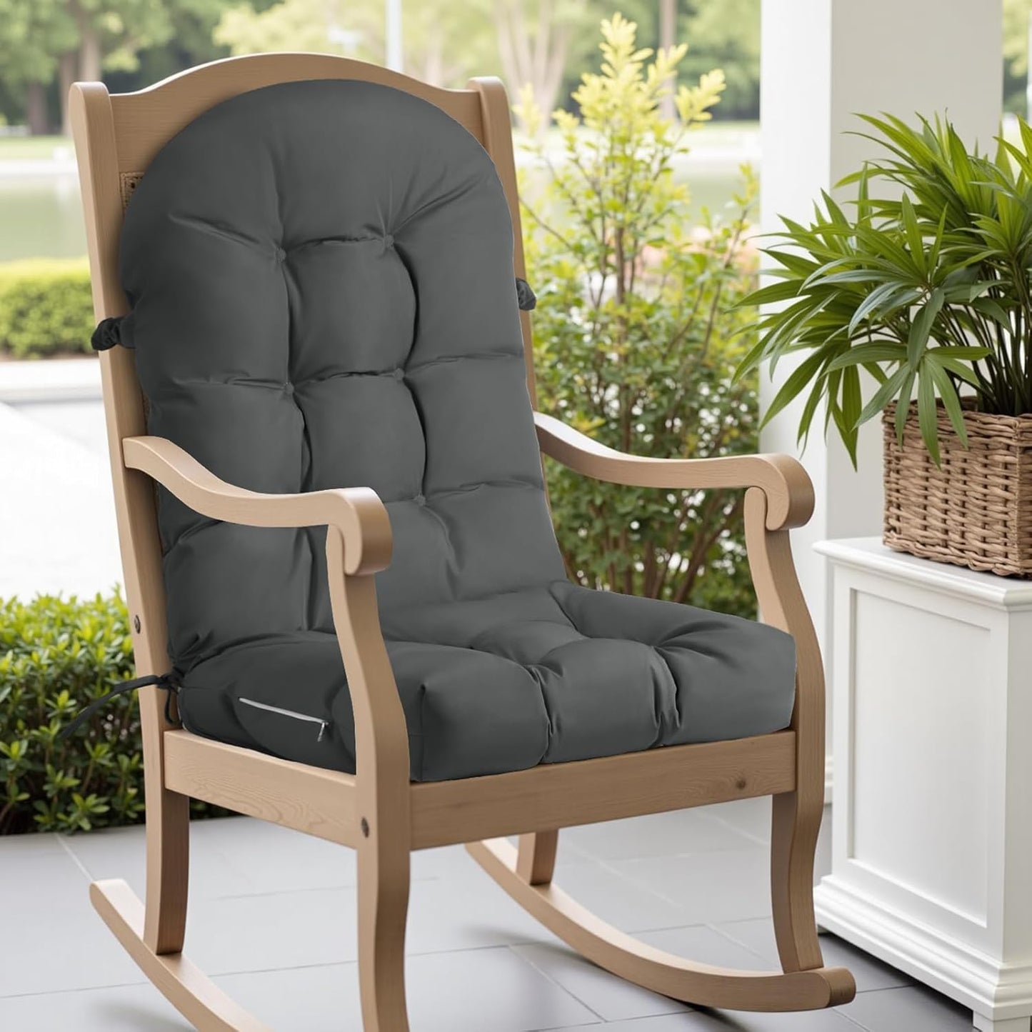 Rocking Chair Cushion - Chenille Fabric, High-Density Sponge, Durable Comfort Non-Slip Bottom Tufted Seat Pads with Ties, Chenille︱Black, 44x19x4 inch
