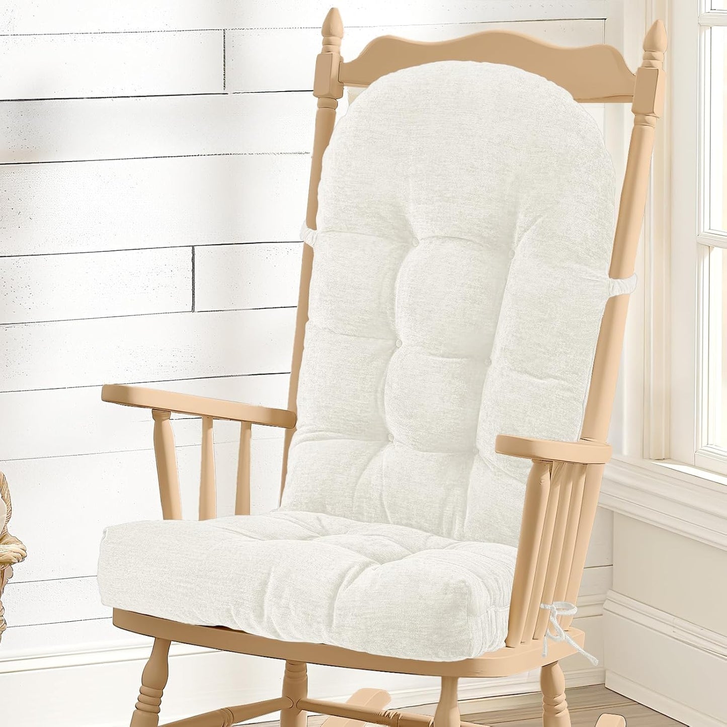 Rocking Chair Cushion - Chenille Fabric, High-Density Sponge, Durable Comfort Non-Slip Bottom Tufted Seat Pads with Ties, Chenille︱Black, 44x19x4 inch