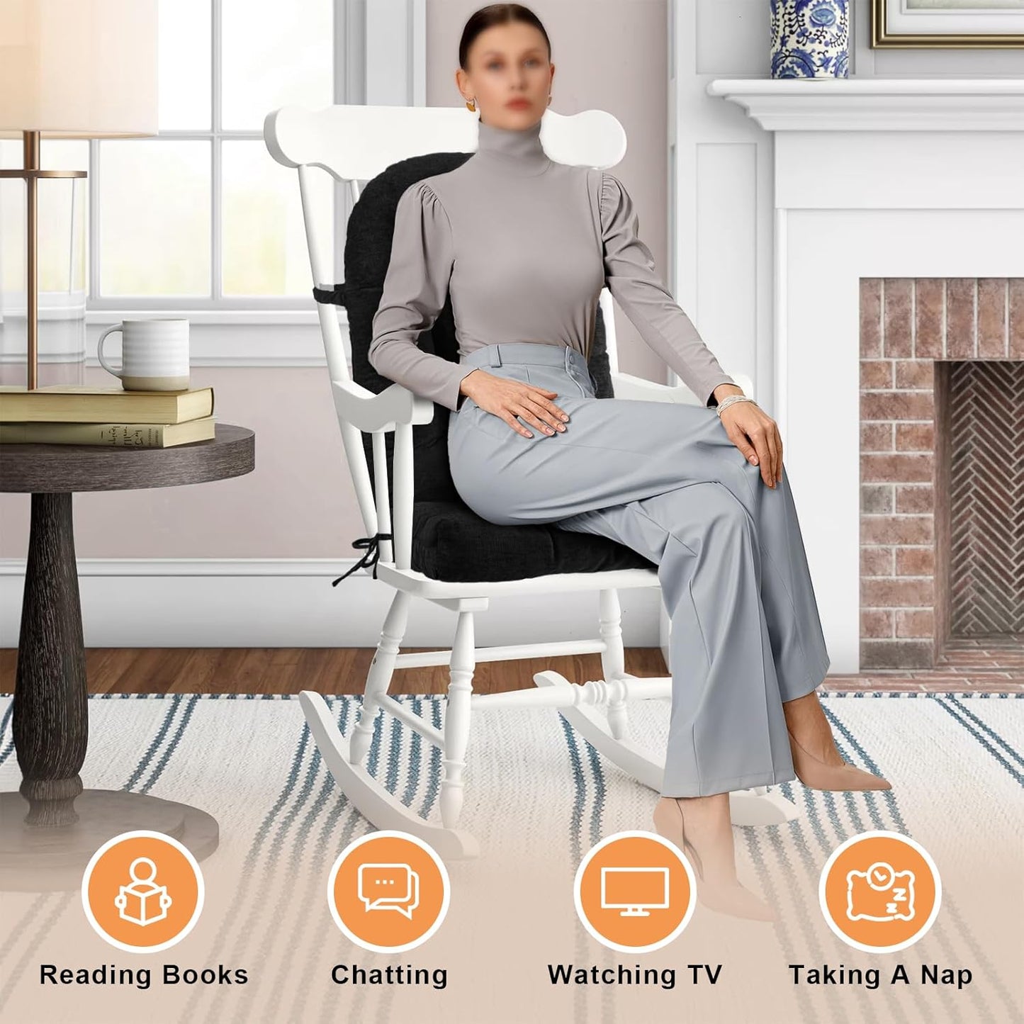 Rocking Chair Cushion - Chenille Fabric, High-Density Sponge, Durable Comfort Non-Slip Bottom Tufted Seat Pads with Ties, Chenille︱Black, 44x19x4 inch