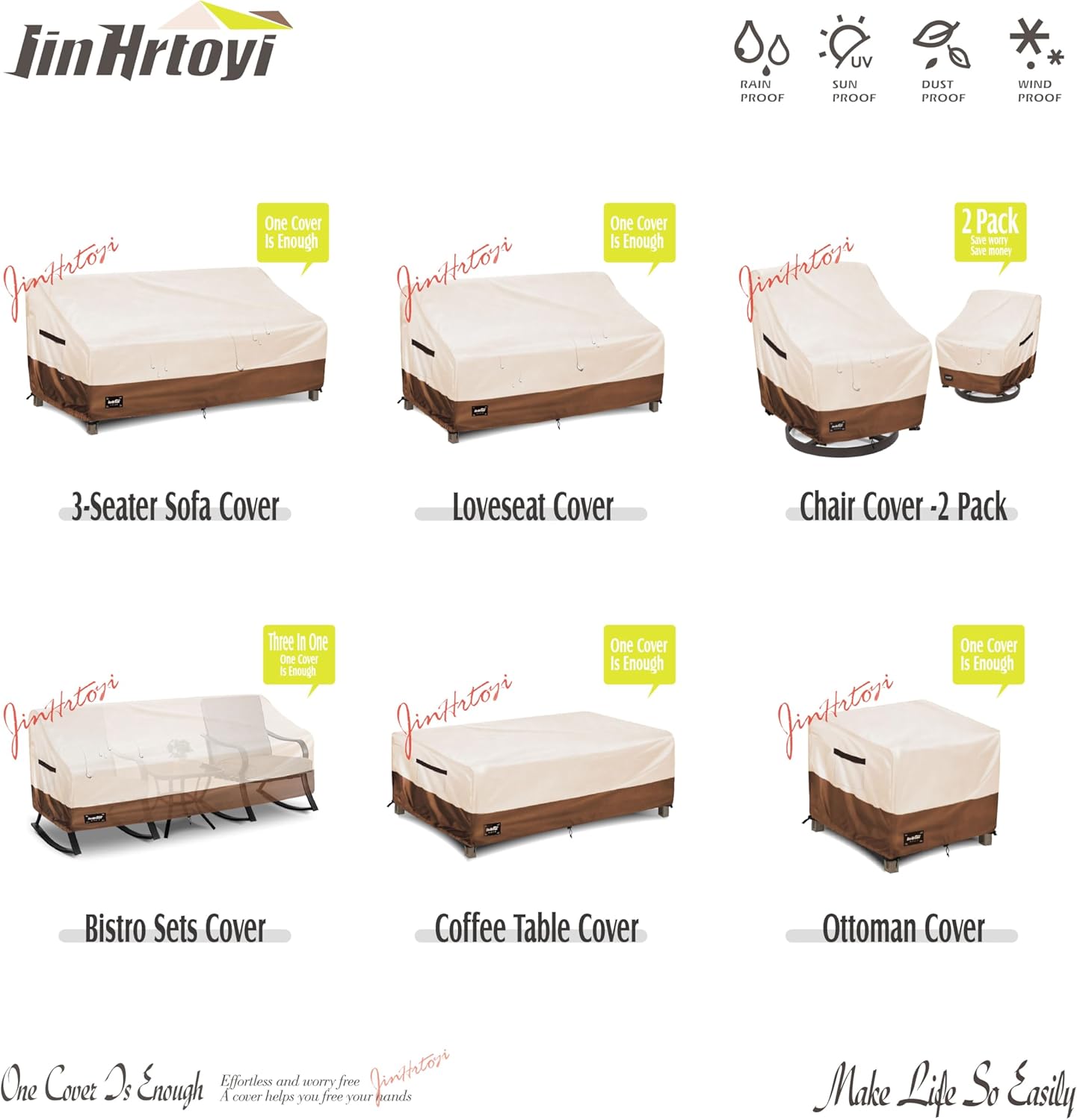 3-Seater Outdoor Couch Cover,76" Wx32 Dx31 H Inches Patio Sofa Cover,100% Waterproof Heavy Duty Patio Furniture Covers,Beige&Brown