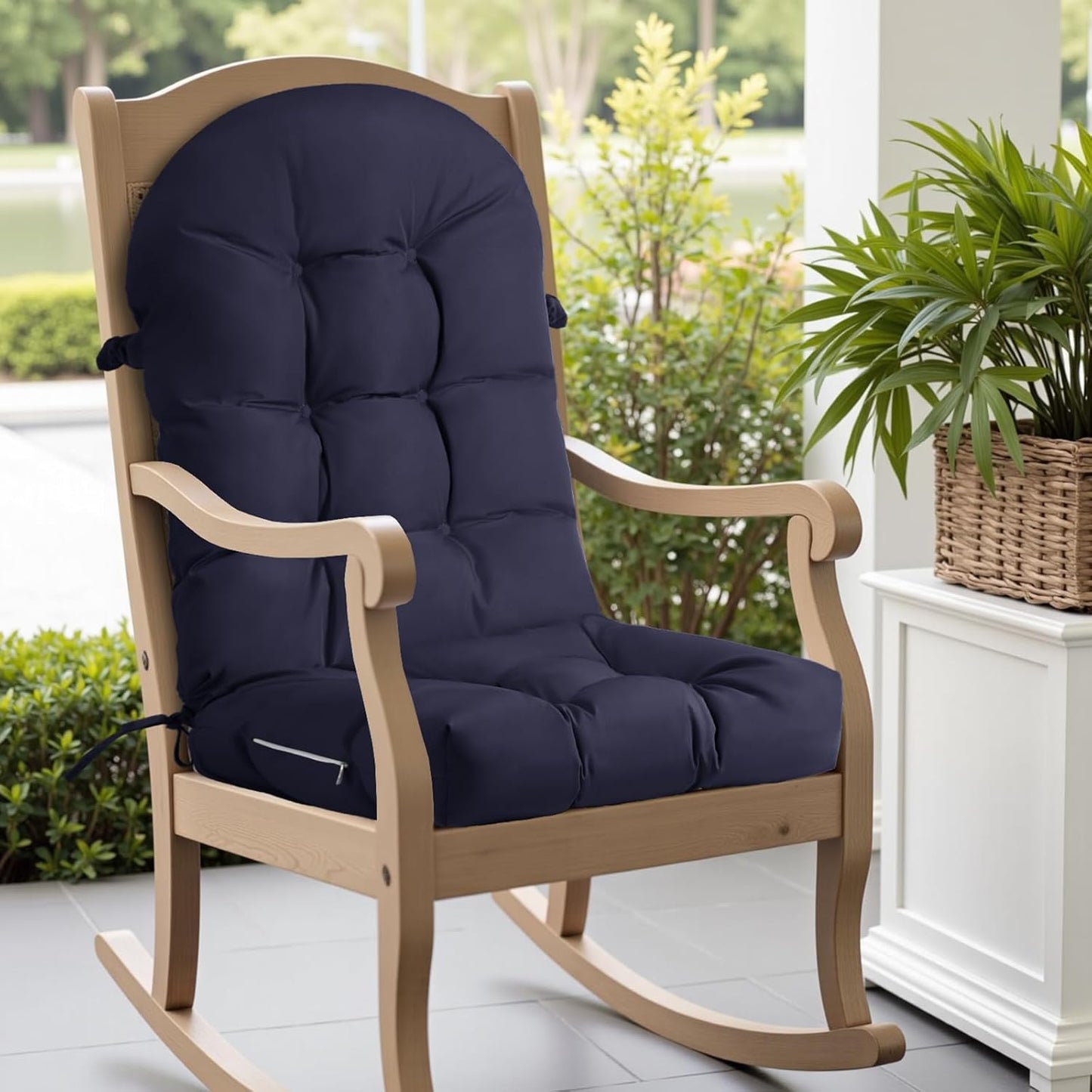 Rocking Chair Cushion - Chenille Fabric, High-Density Sponge, Durable Comfort Non-Slip Bottom Tufted Seat Pads with Ties, Chenille︱Black, 44x19x4 inch