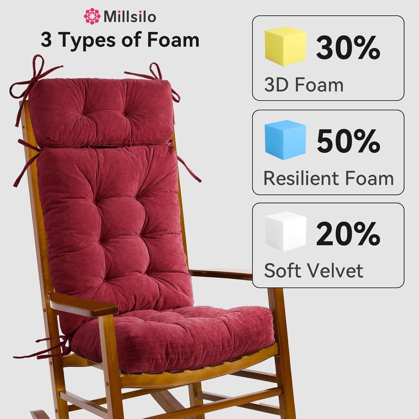Millsilo Rocking Chair Cushions for Indoor Rocker, Comfortable Chenille Tufted Non-Slip Rocking Chair Pads with Ties for Adirondack, Glider Chair Rocker Replacement Cushions, Wine red, 52"x19"x4"