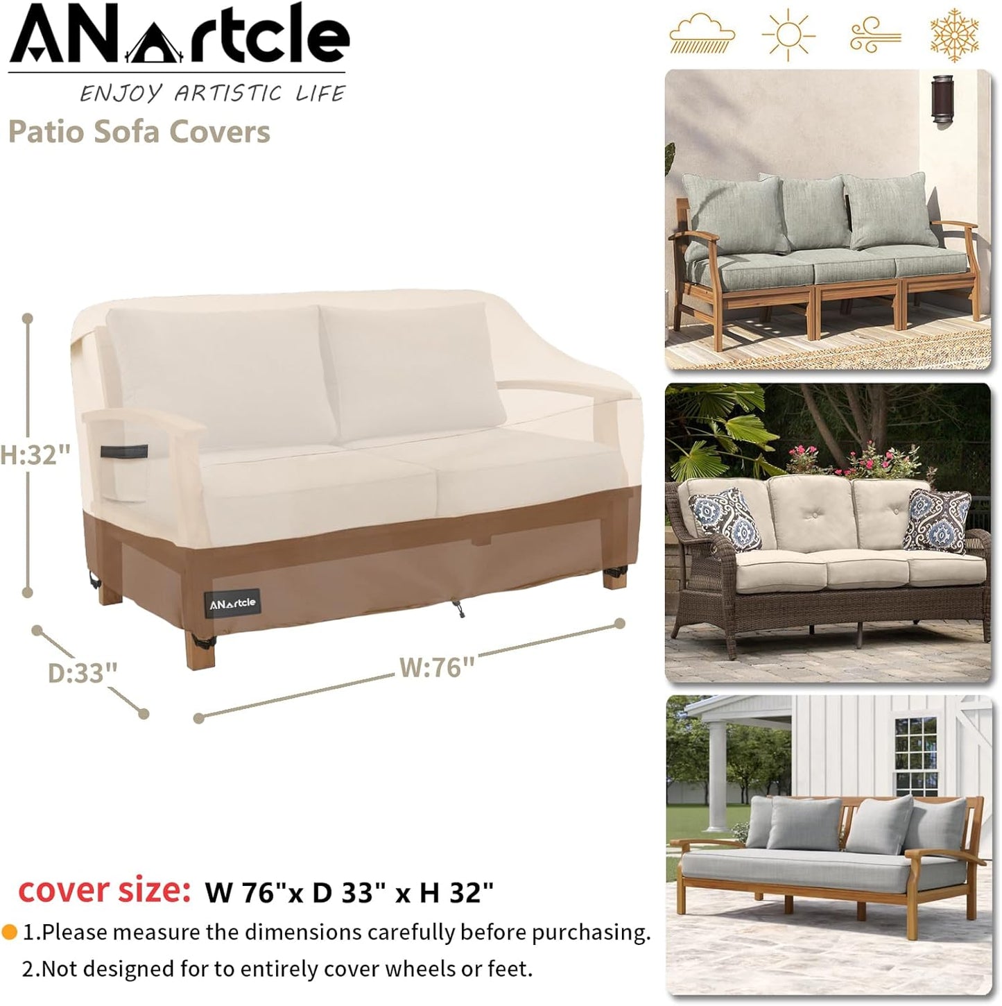 3-Seater Patio Sofa Cover,76W x 32.5D x 33H Inches Outdoor Couch Cover,100% Waterproof Heavy Duty Patio Sofa Covers,Patio Furniture Covers,Beige&Brown