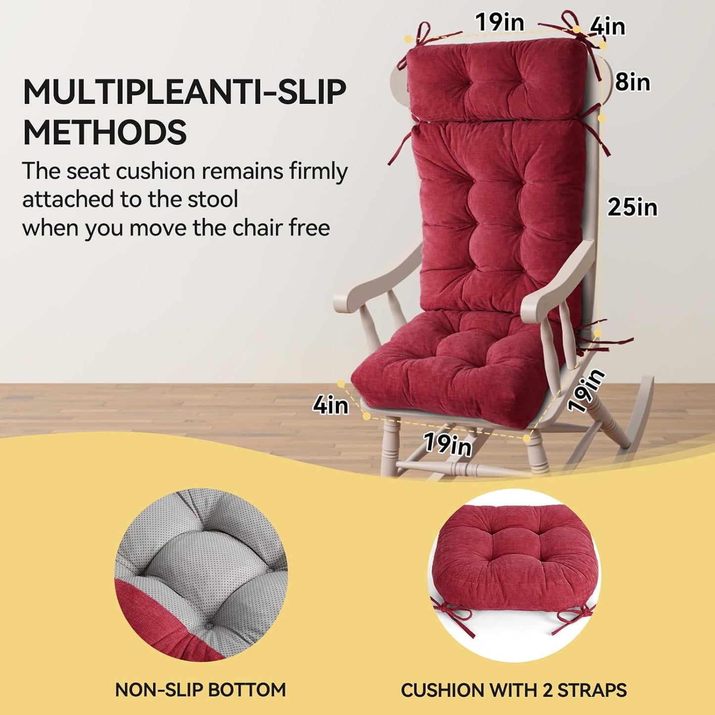 Millsilo Rocking Chair Cushions for Indoor Rocker, Comfortable Chenille Tufted Non-Slip Rocking Chair Pads with Ties for Adirondack, Glider Chair Rocker Replacement Cushions, Wine red, 52"x19"x4"
