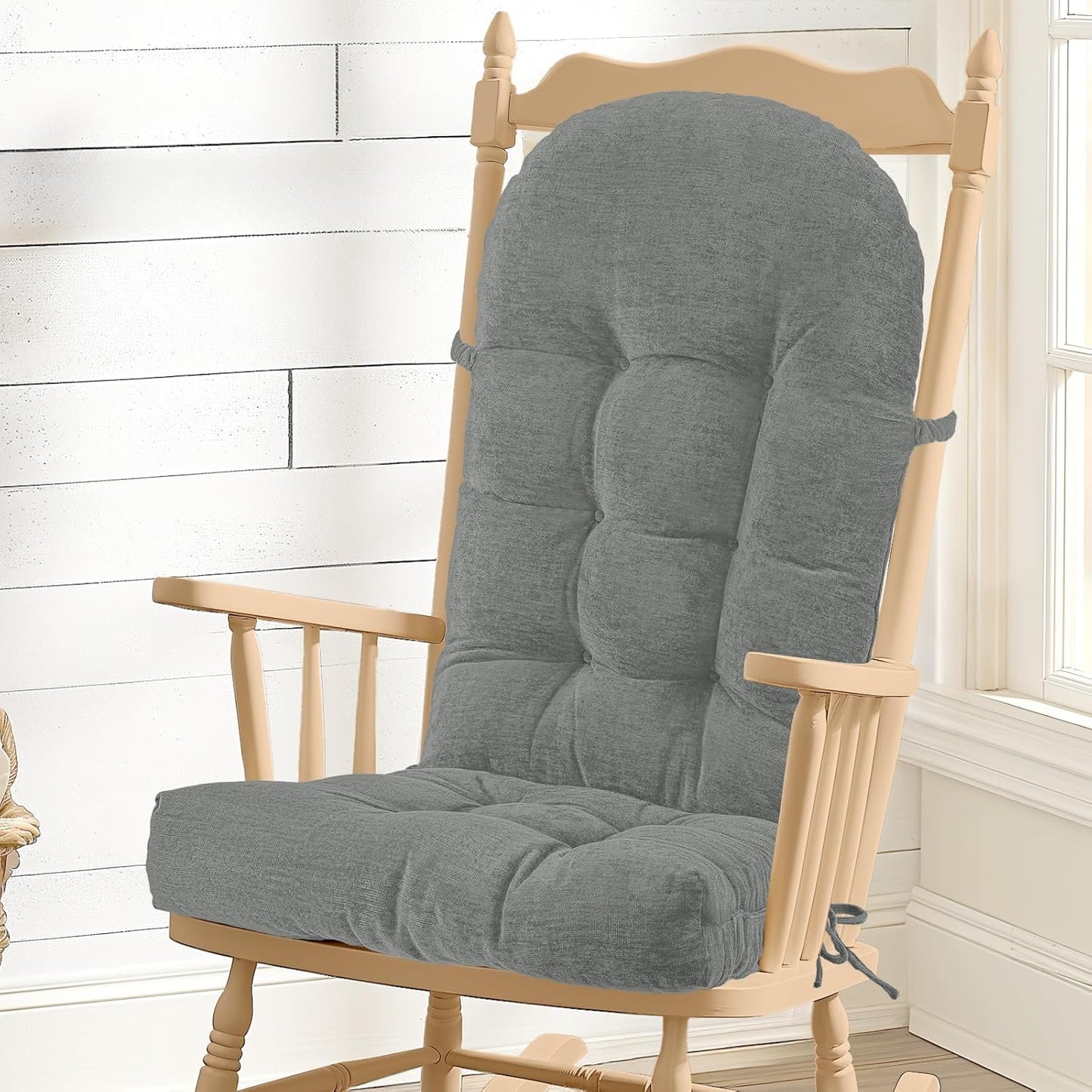 Rocking Chair Cushion - Chenille Fabric, High-Density Sponge, Durable Comfort Non-Slip Bottom Tufted Seat Pads with Ties, Chenille︱Black, 44x19x4 inch