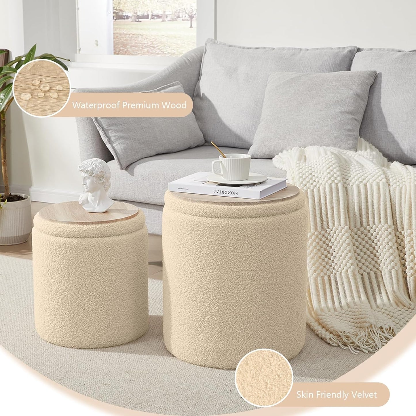 Boucle Round Ottoman with Storage Set of 2,Small Foot Stool Ottoman for Living Room, Small Coffee Table,Vanity Stool with Storage for Bedroom, Beige