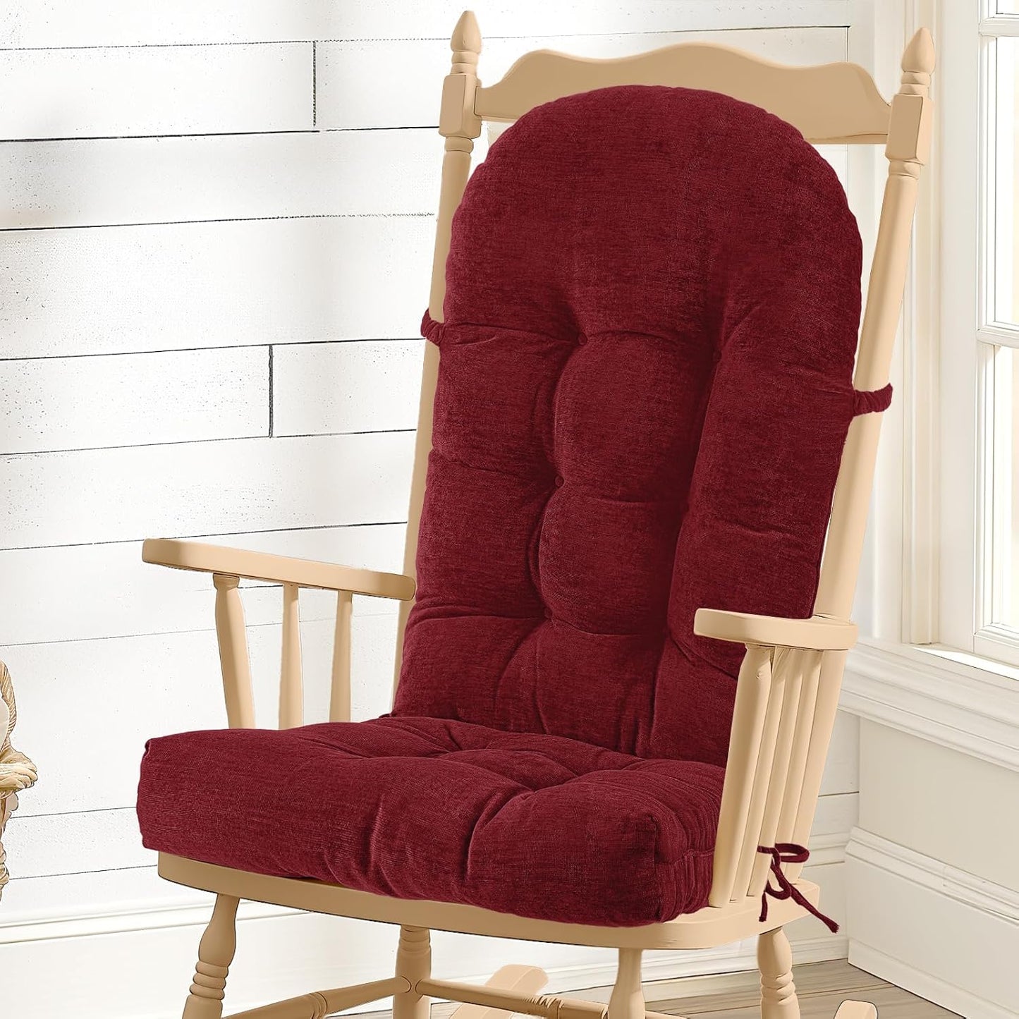 Rocking Chair Cushion - Chenille Fabric, High-Density Sponge, Durable Comfort Non-Slip Bottom Tufted Seat Pads with Ties, Chenille︱Black, 44x19x4 inch