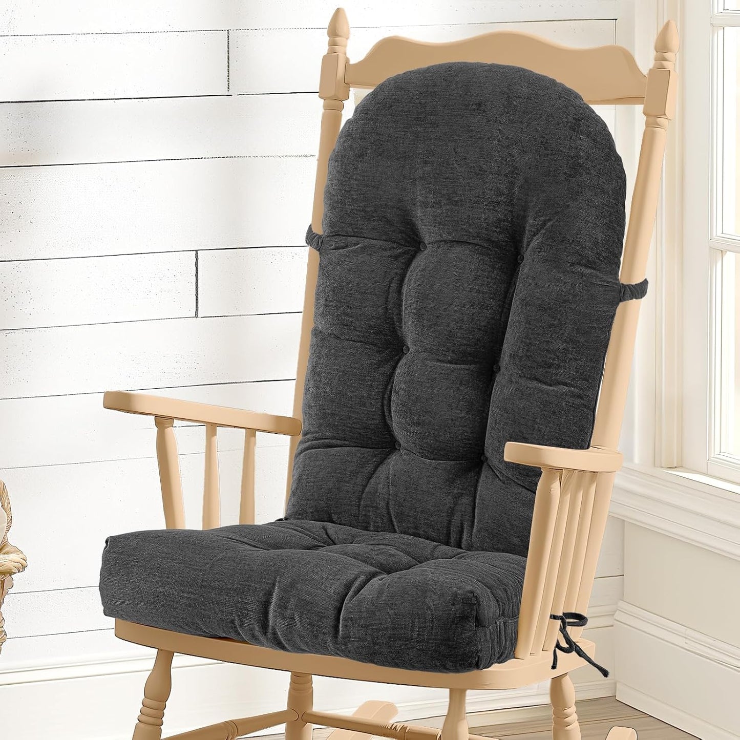 Rocking Chair Cushion - Chenille Fabric, High-Density Sponge, Durable Comfort Non-Slip Bottom Tufted Seat Pads with Ties, Chenille︱Black, 44x19x4 inch