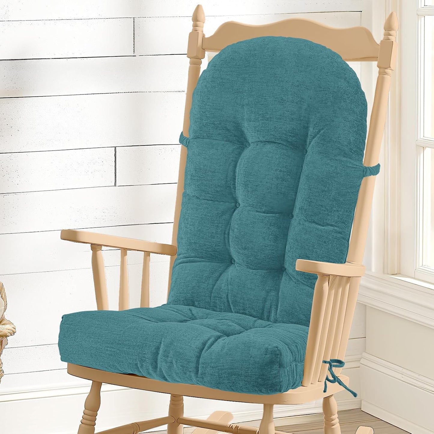 Rocking Chair Cushion - Chenille Fabric, High-Density Sponge, Durable Comfort Non-Slip Bottom Tufted Seat Pads with Ties, Chenille︱Black, 44x19x4 inch