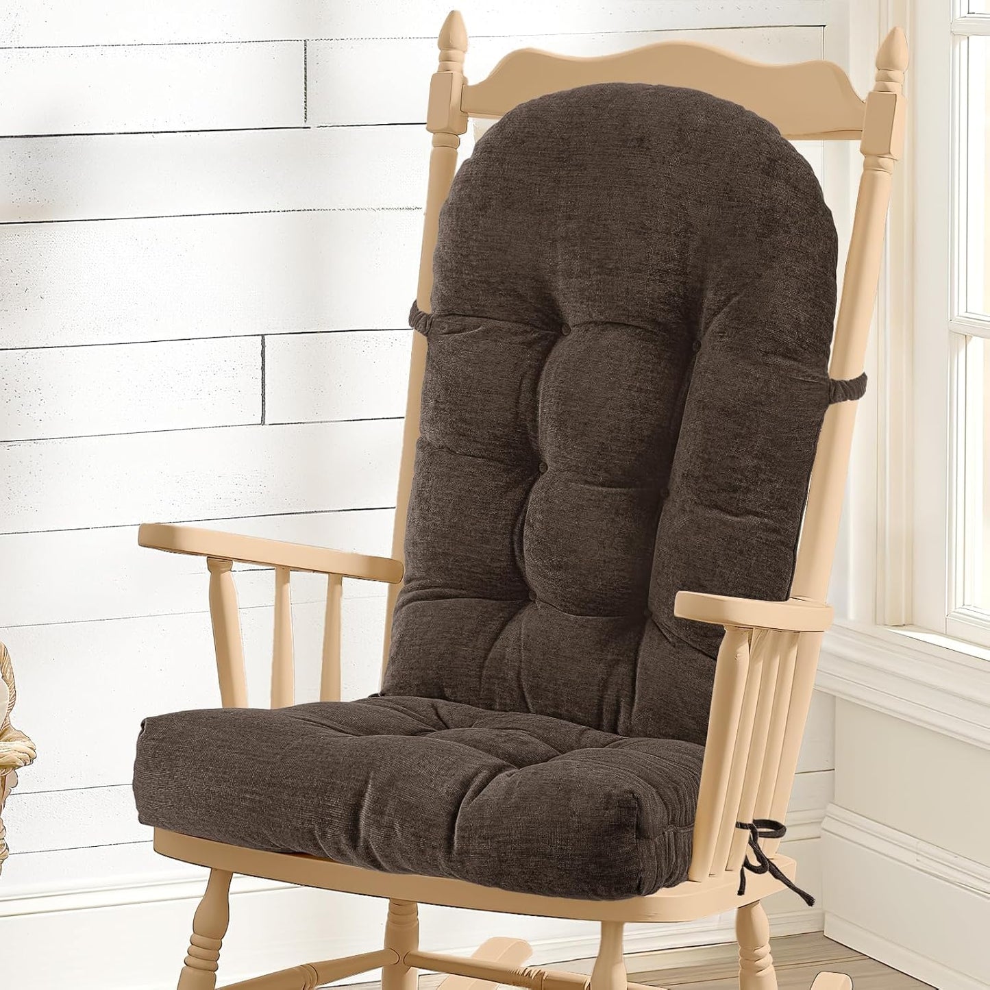 Rocking Chair Cushion - Chenille Fabric, High-Density Sponge, Durable Comfort Non-Slip Bottom Tufted Seat Pads with Ties, Chenille︱Black, 44x19x4 inch