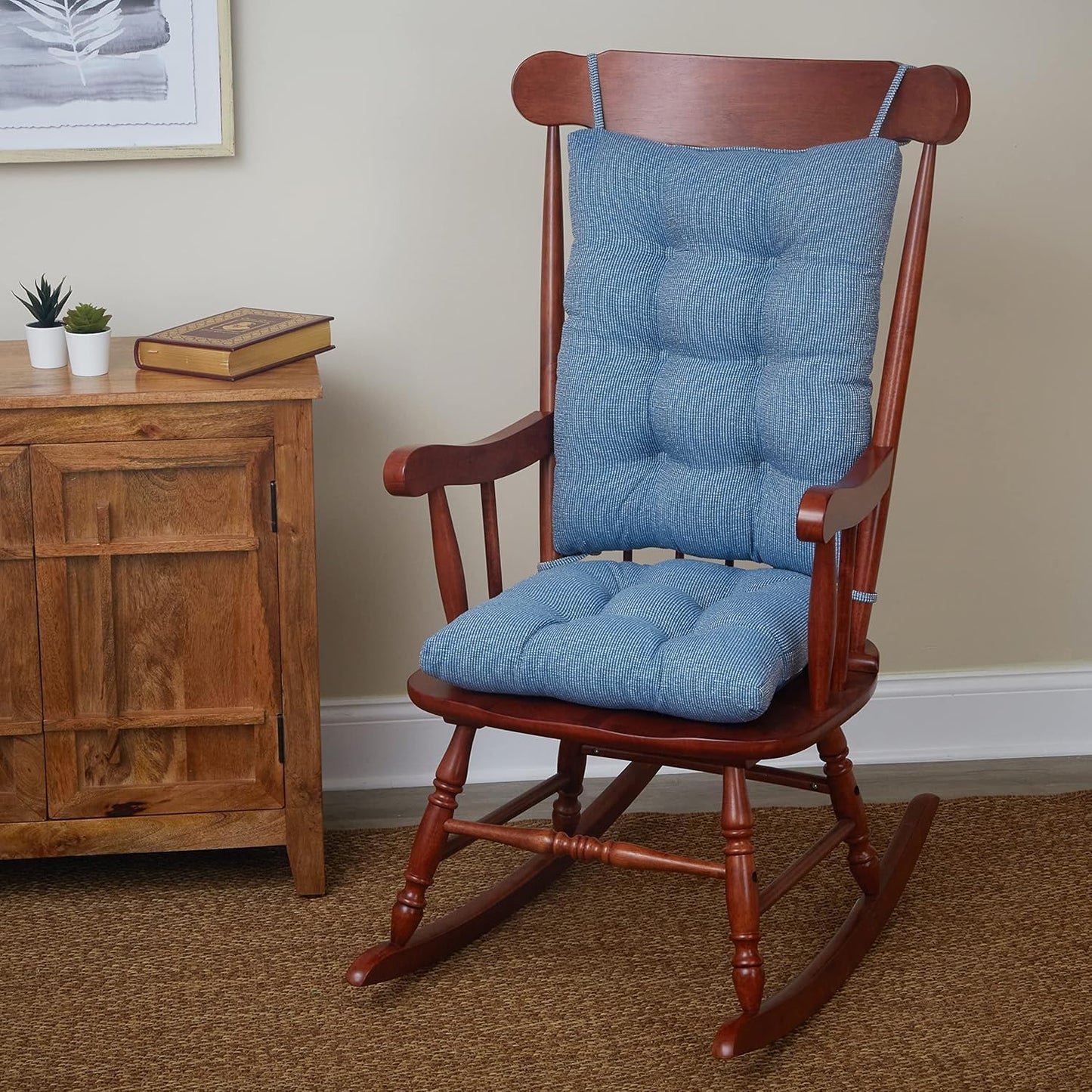 The Gripper Twill Jumbo XL Non-Slip Rocking Chair Cushion Set with Thick Padding, Includes Seat Pad & Back Pillow with Ties for Indoor Living Room Rocker, 17x17 Inches, 2 Piece Set, Sapphire