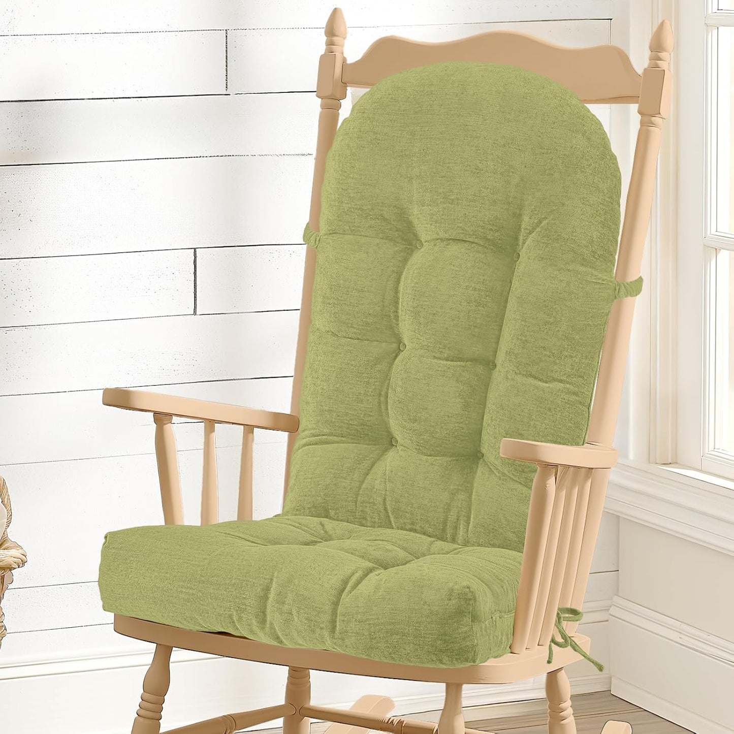 Rocking Chair Cushion - Chenille Fabric, High-Density Sponge, Durable Comfort Non-Slip Bottom Tufted Seat Pads with Ties, Chenille︱Black, 44x19x4 inch
