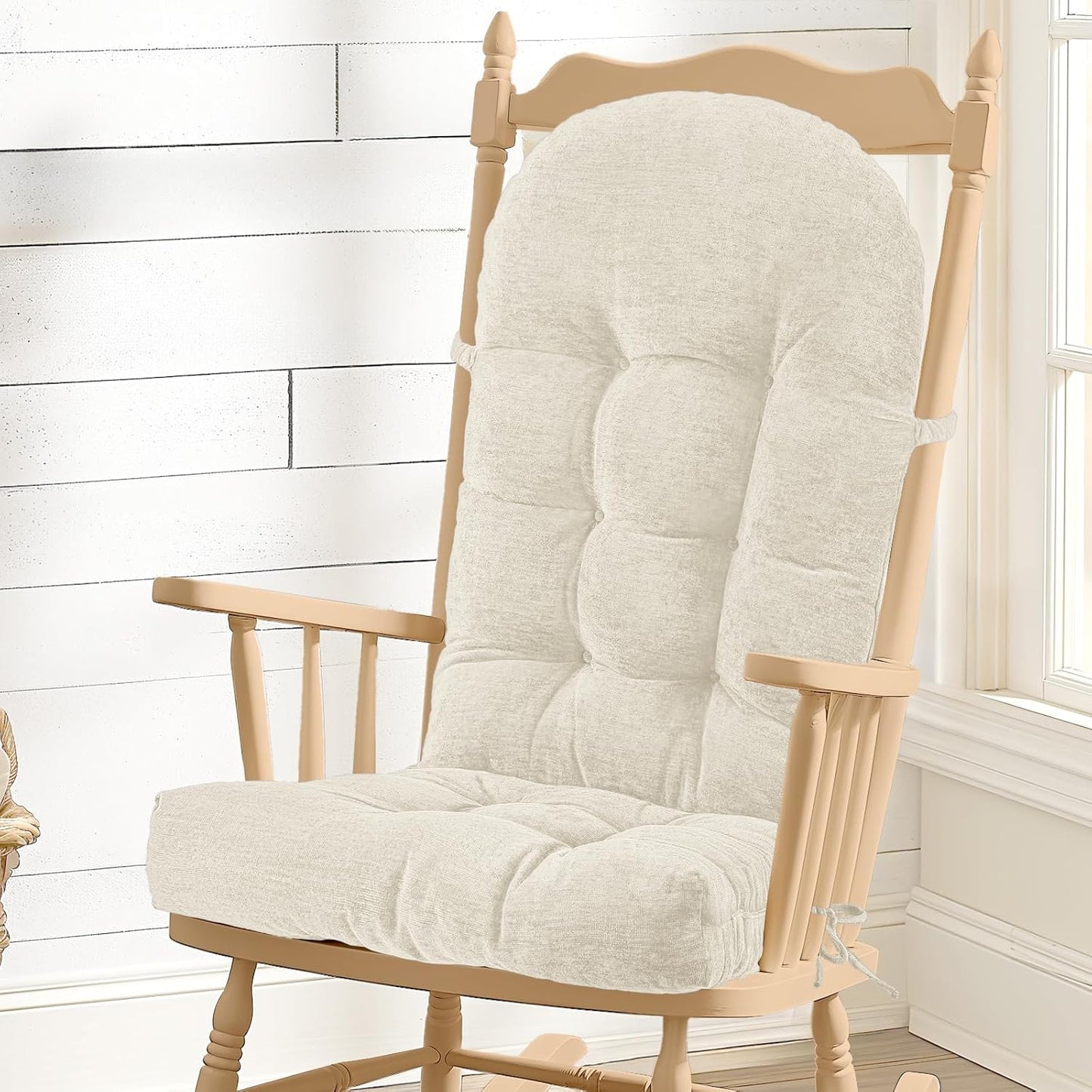 Rocking Chair Cushion - Chenille Fabric, High-Density Sponge, Durable Comfort Non-Slip Bottom Tufted Seat Pads with Ties, Chenille︱Black, 44x19x4 inch
