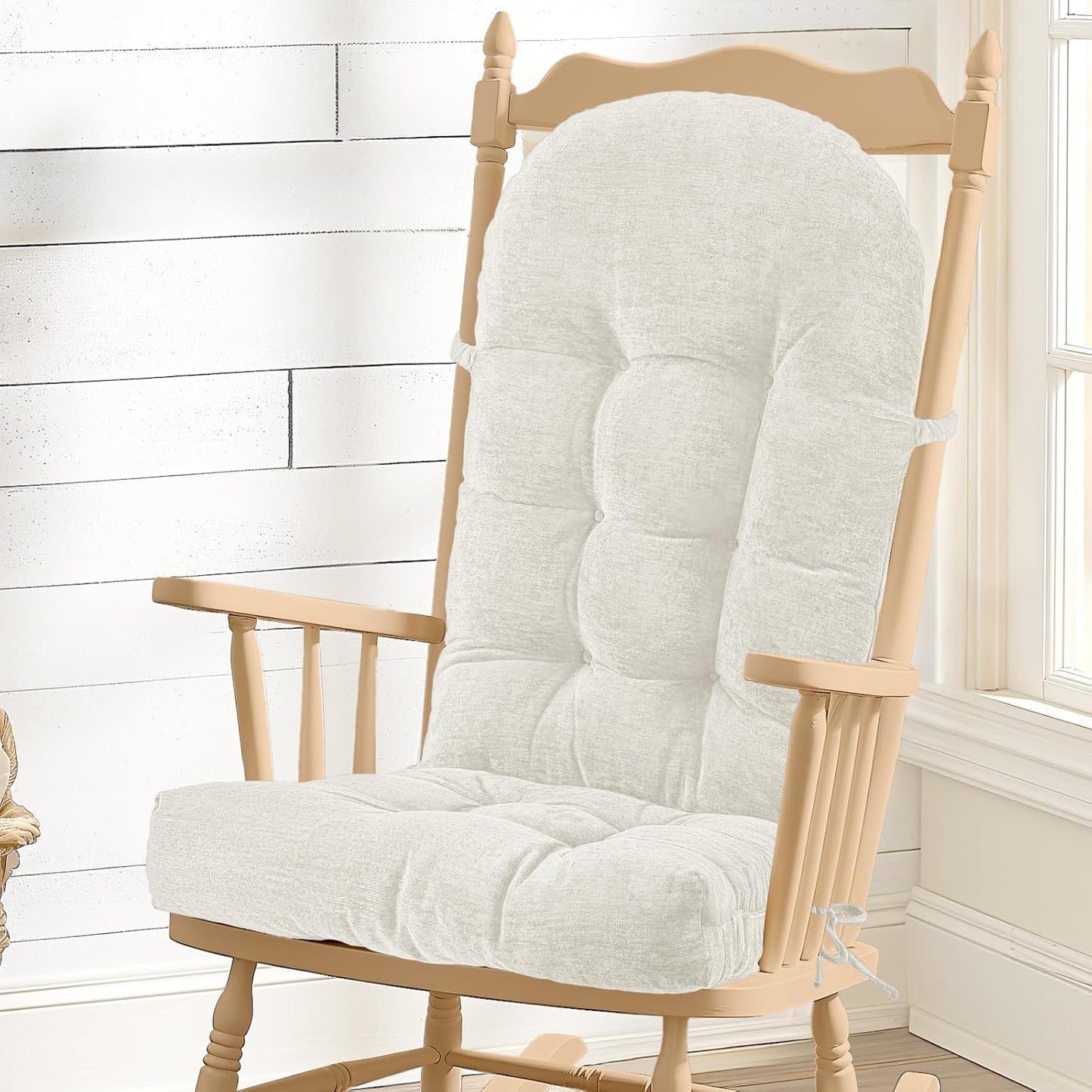 Rocking Chair Cushion - Chenille Fabric, High-Density Sponge, Durable Comfort Non-Slip Bottom Tufted Seat Pads with Ties, Chenille︱Black, 44x19x4 inch