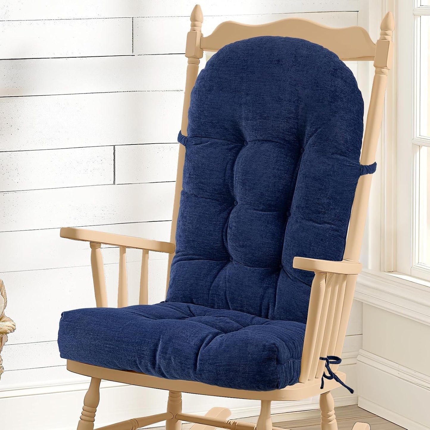 Rocking Chair Cushion - Chenille Fabric, High-Density Sponge, Durable Comfort Non-Slip Bottom Tufted Seat Pads with Ties, Chenille︱Black, 44x19x4 inch