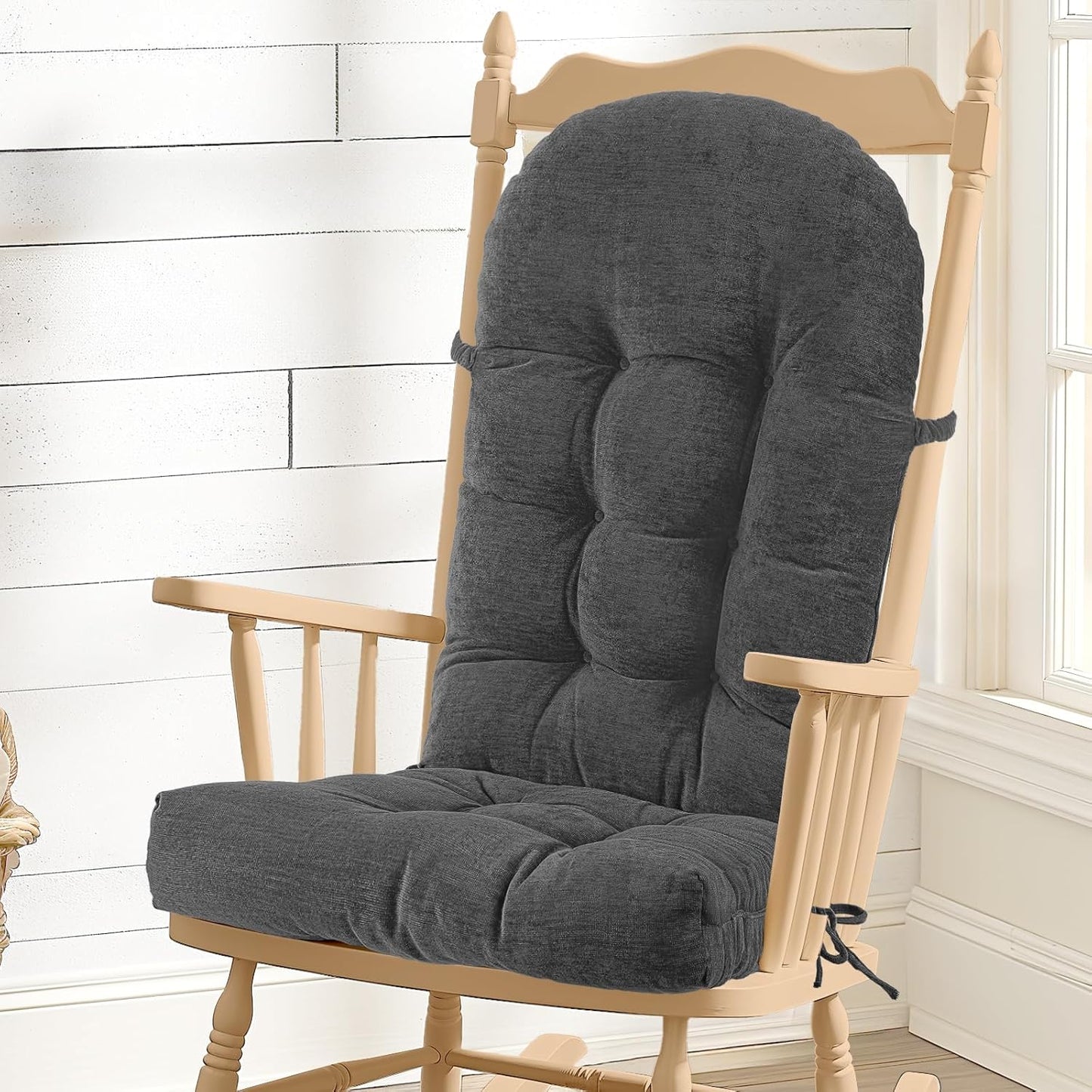 Rocking Chair Cushion - Chenille Fabric, High-Density Sponge, Durable Comfort Non-Slip Bottom Tufted Seat Pads with Ties, Chenille︱Black, 44x19x4 inch