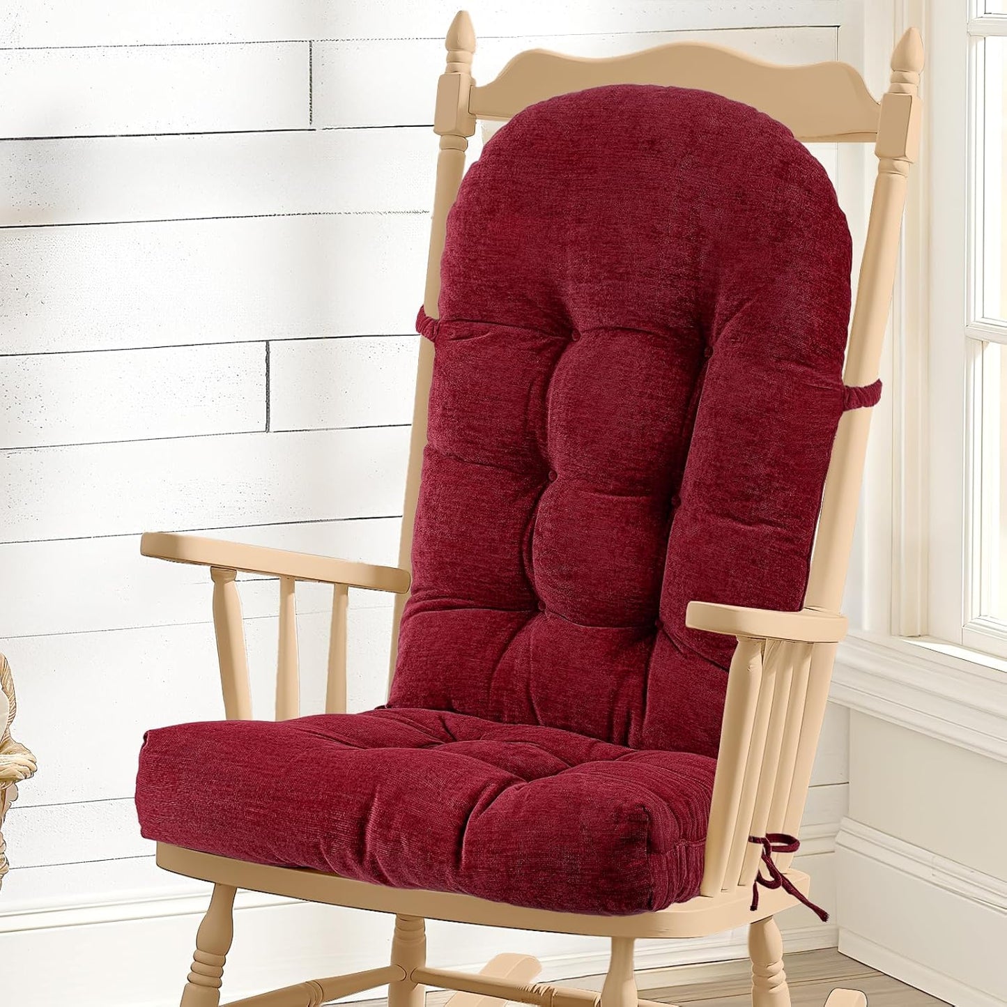 Rocking Chair Cushion - Chenille Fabric, High-Density Sponge, Durable Comfort Non-Slip Bottom Tufted Seat Pads with Ties, Chenille︱Black, 44x19x4 inch