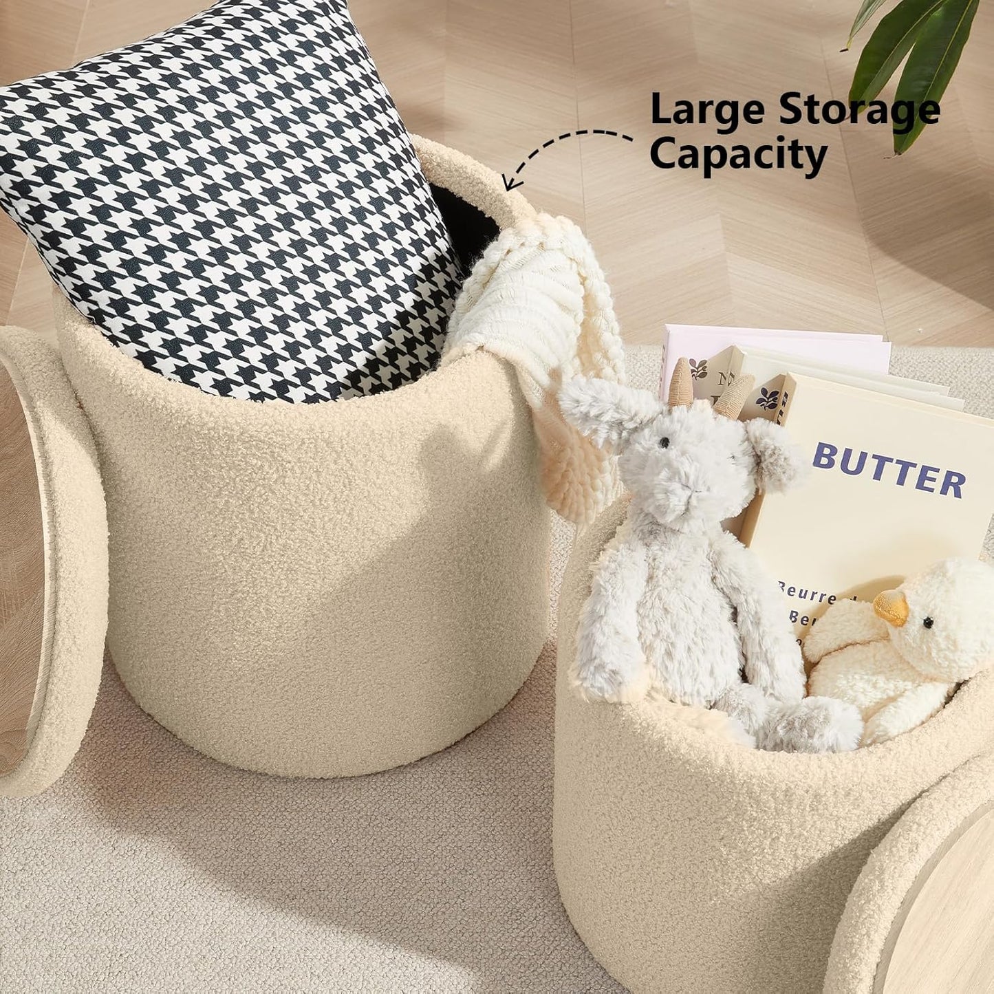 Boucle Round Ottoman with Storage Set of 2,Small Foot Stool Ottoman for Living Room, Small Coffee Table,Vanity Stool with Storage for Bedroom, Beige