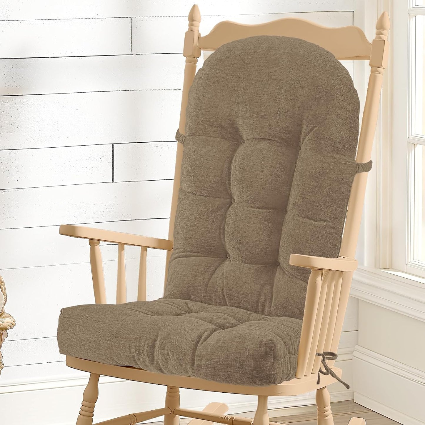 Rocking Chair Cushion - Chenille Fabric, High-Density Sponge, Durable Comfort Non-Slip Bottom Tufted Seat Pads with Ties, Chenille︱Black, 44x19x4 inch