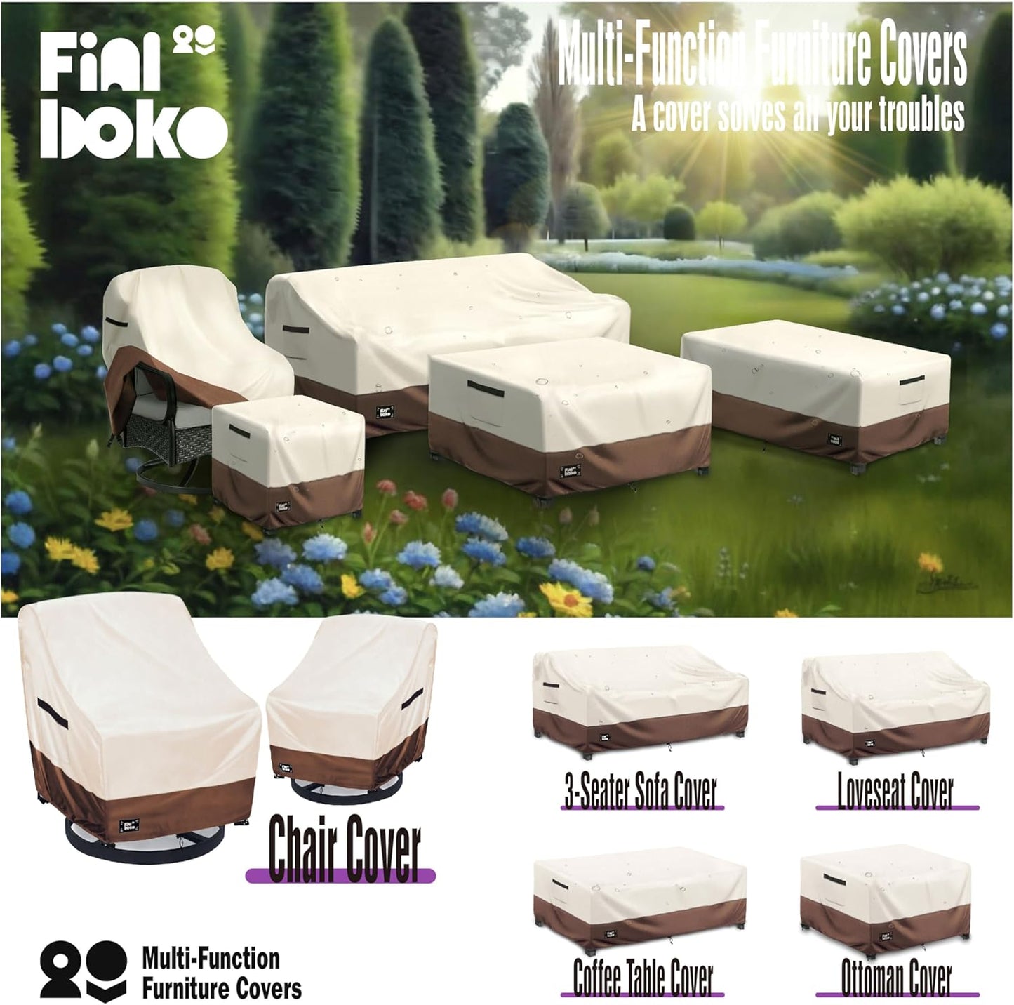 3-Seater Outdoor Couch Cover,76Wx32Dx31H Inches Patio Sofa Cover,100% Waterproof Heavy Duty Patio Furniture Covers,Beige&Brown