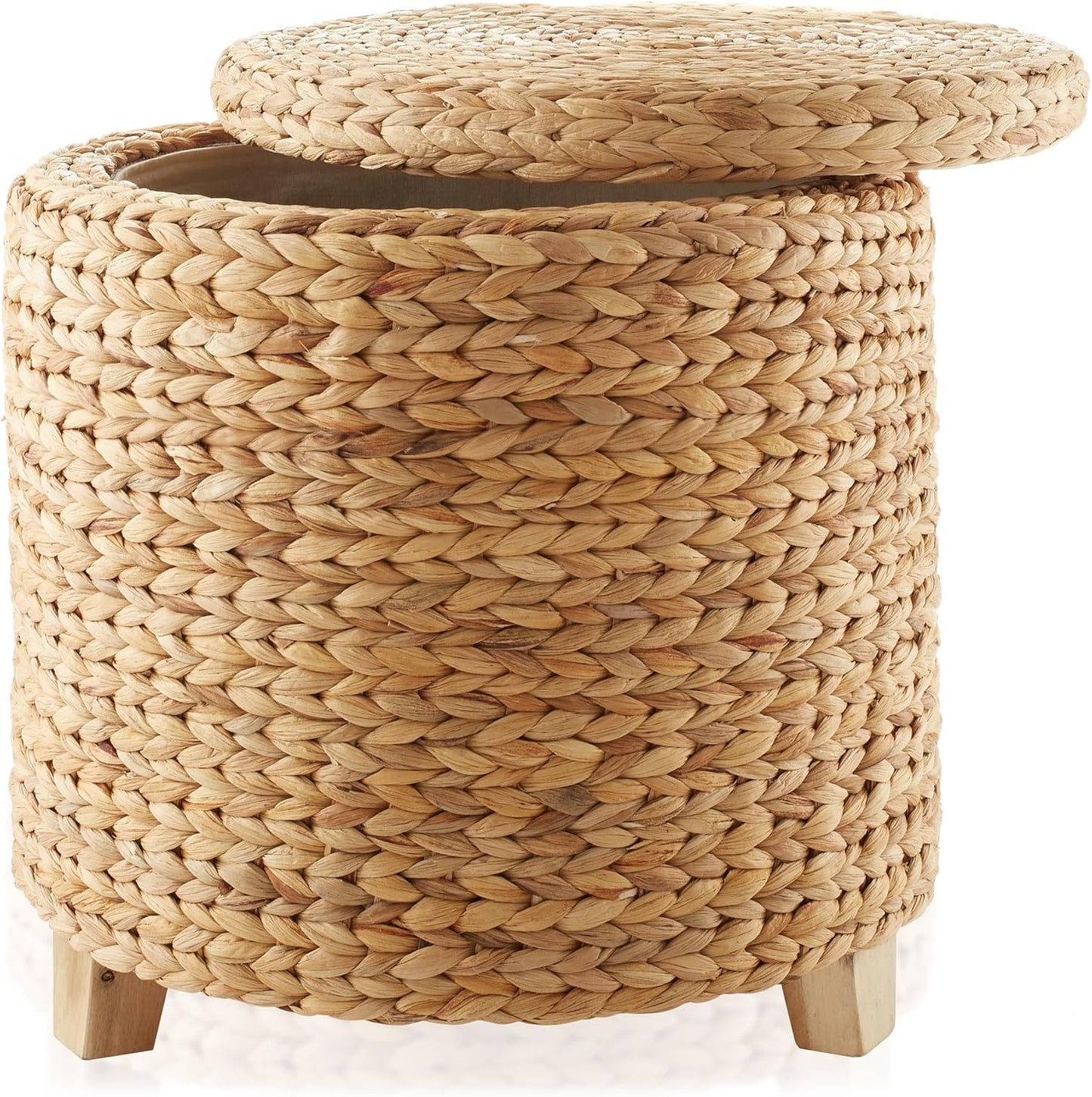 Casafield 17" Round Storage Ottoman with Lid - Natural, Handwoven Water Hyacinth Footstool for Living Room, Bedroom, Bathroom, Home Office