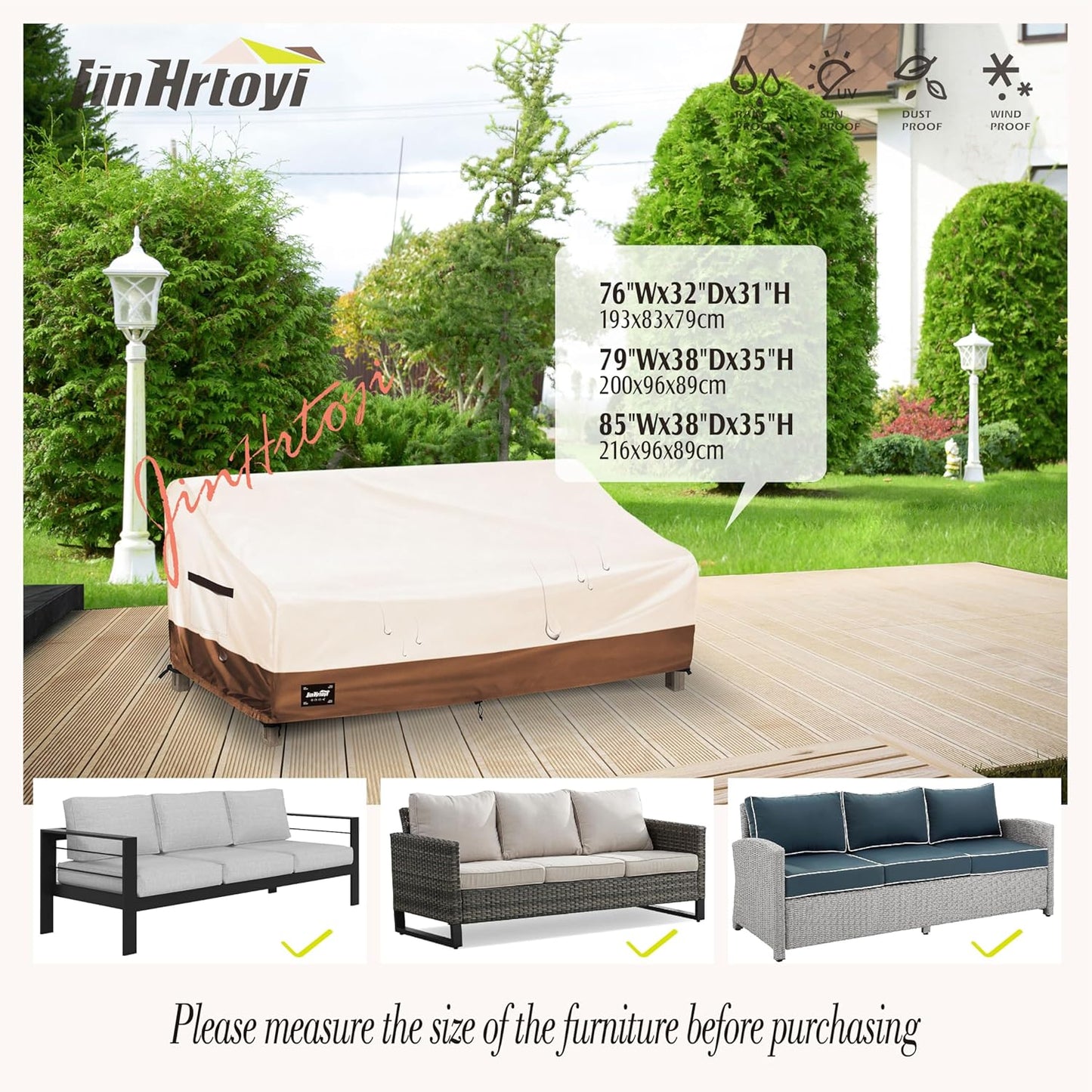 3-Seater Outdoor Couch Cover,76" Wx32 Dx31 H Inches Patio Sofa Cover,100% Waterproof Heavy Duty Patio Furniture Covers,Beige&Brown