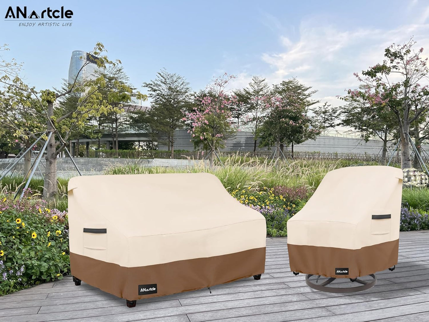 3-Seater Patio Sofa Cover,76W x 32.5D x 33H Inches Outdoor Couch Cover,100% Waterproof Heavy Duty Patio Sofa Covers,Patio Furniture Covers,Beige&Brown