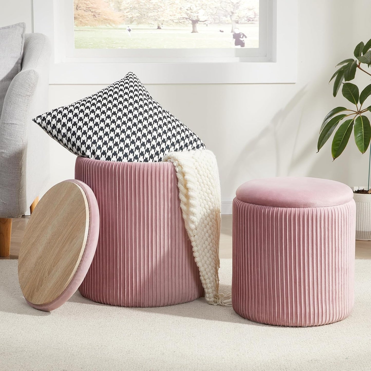 Boucle Round Ottoman with Storage Set of 2,Small Foot Stool Ottoman for Living Room, Small Coffee Table,Vanity Stool with Storage for Bedroom, Beige