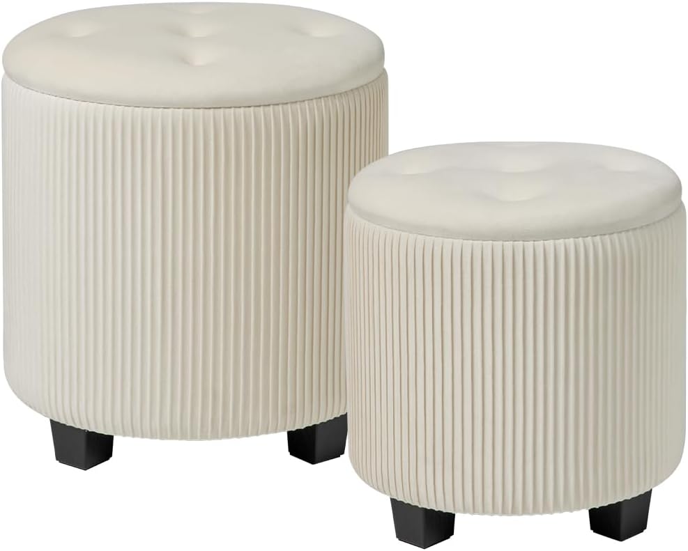 Round Set of 2 Ottoman with Storage-Upholstered Velvet Vanity Stool for Makeup Multifunctional Ottomans Coffee Table Padded Seat Foot Rest for Living Room&Bedroom（White）
