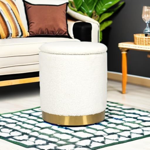 Joveco Boucle Round Storage Ottoman with Removable Lid, Small Upholstered Foot Rest Stool with Gold Plating Base, for Dorm Living Room Bedroom, White