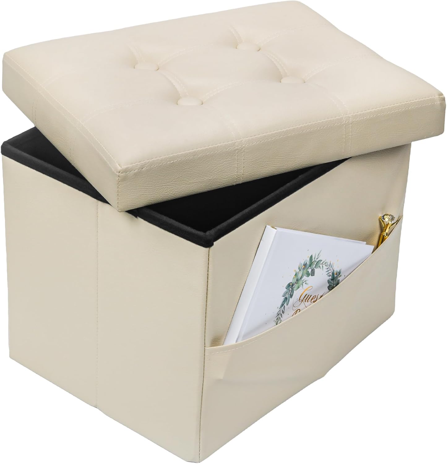 Storage Ottoman, Folding Foot Stool with Thicker Foam Padded Seat Small Leather Storage Ottoman Bench Foot Rest for Living Room Foldable Coffee Table 17x13x13in,Black