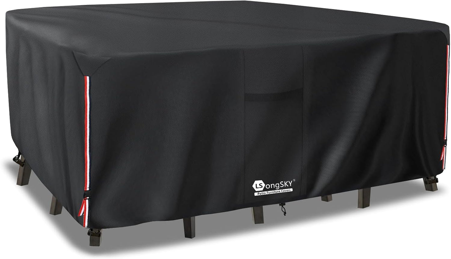 Outdoor Furniture Covers Waterproof,600D Heavy Duty Patio Cover for 6/7/8 PCS Sets Sectional Sofa Couch Dining Rocking Swivel Chairs Ottomans Coffee Table,111L x 74W x 28H inch Black