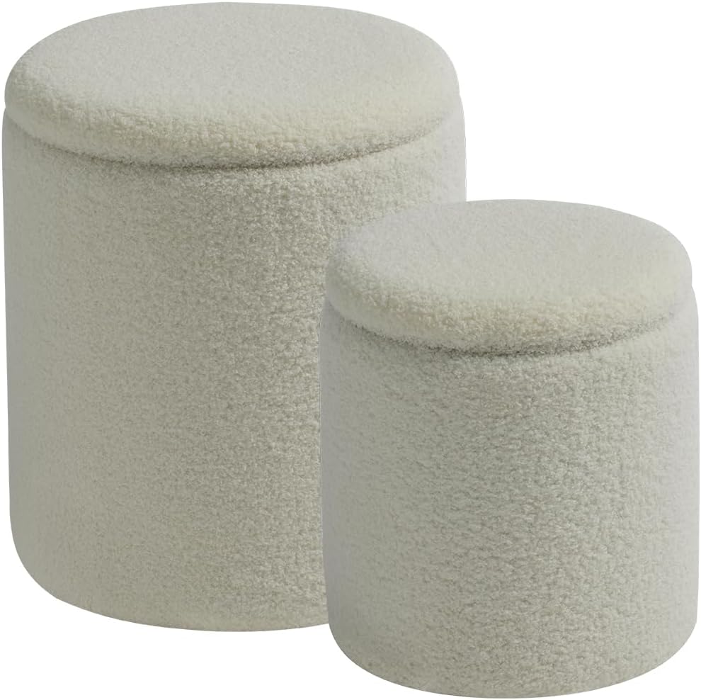 Round Set of 2 Ottoman with Storage-Upholstered Velvet Vanity Stool for Makeup Multifunctional Ottomans Coffee Table Padded Seat Foot Rest for Living Room&Bedroom（White）