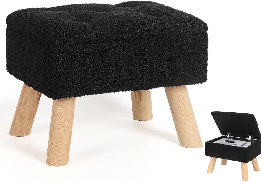 Storage Ottoman, Small Foot Stool Ottoman with Storage, Boucle Teddy Velvet Foot Rest with Padded Seat, Sturdy Wood Legs Stool for Living Room, Bedroom, Couch, Enterway (Cream)