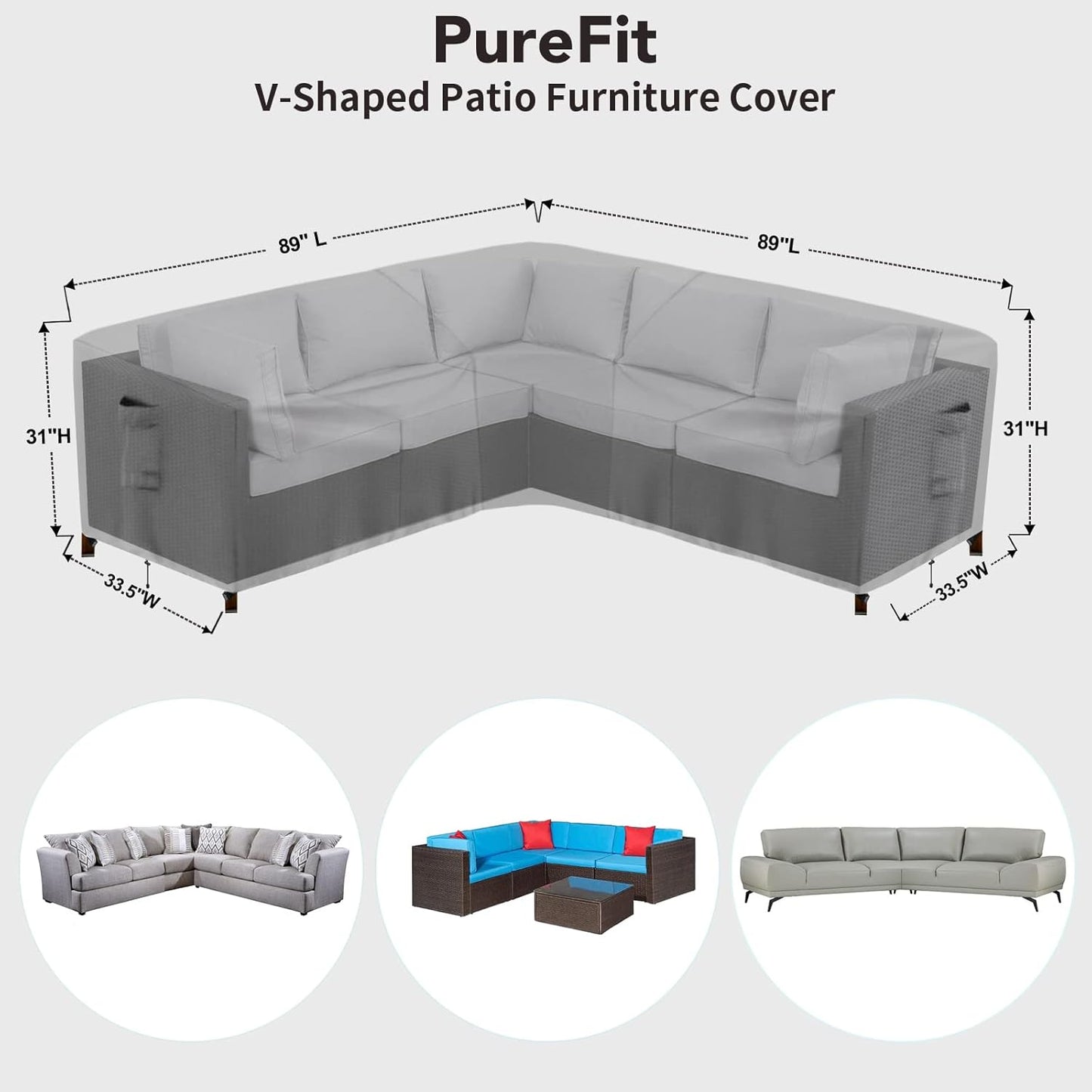 PureFit Outdoor Sectional Sofa Cover Waterproof V Shaped Patio Furniture Covers for Deck, Lawn and Backyard, 89”x89”, Gray