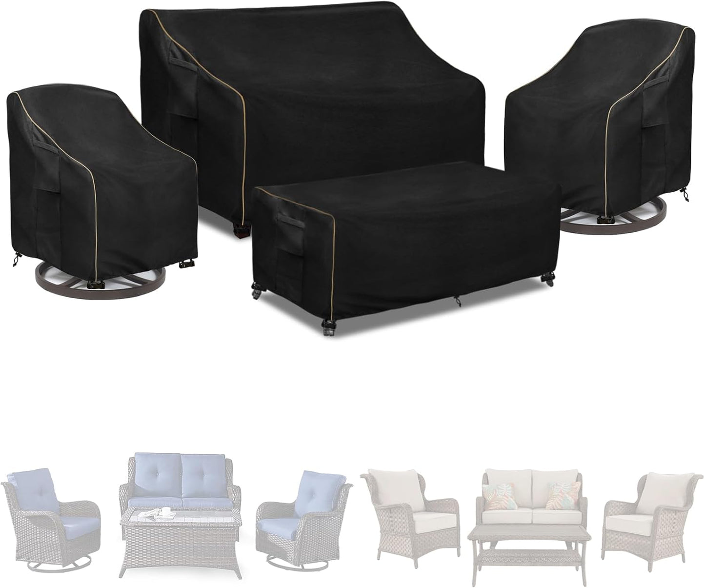 Outdoor Furniture Covers Waterproof,600D Heavy Duty Patio Cover for 6/7/8 PCS Sets Sectional Sofa Couch Dining Rocking Swivel Chairs Ottomans Coffee Table,111L x 74W x 28H inch Black