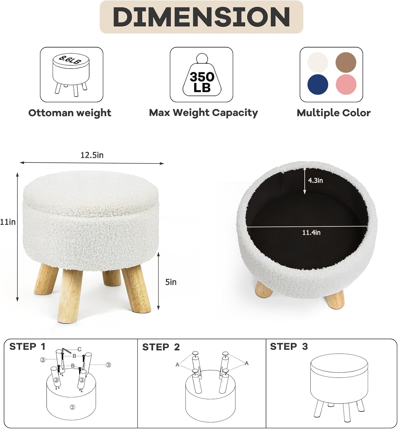 Ottoman Foot Rest, Small Round Ottoman with Storage, Boucle Teddy Velvet Footstool with Wood Legs, Soft Sponge Storage Ottoman for Living Room, Bedroom, Couch, Enterway (Cream)