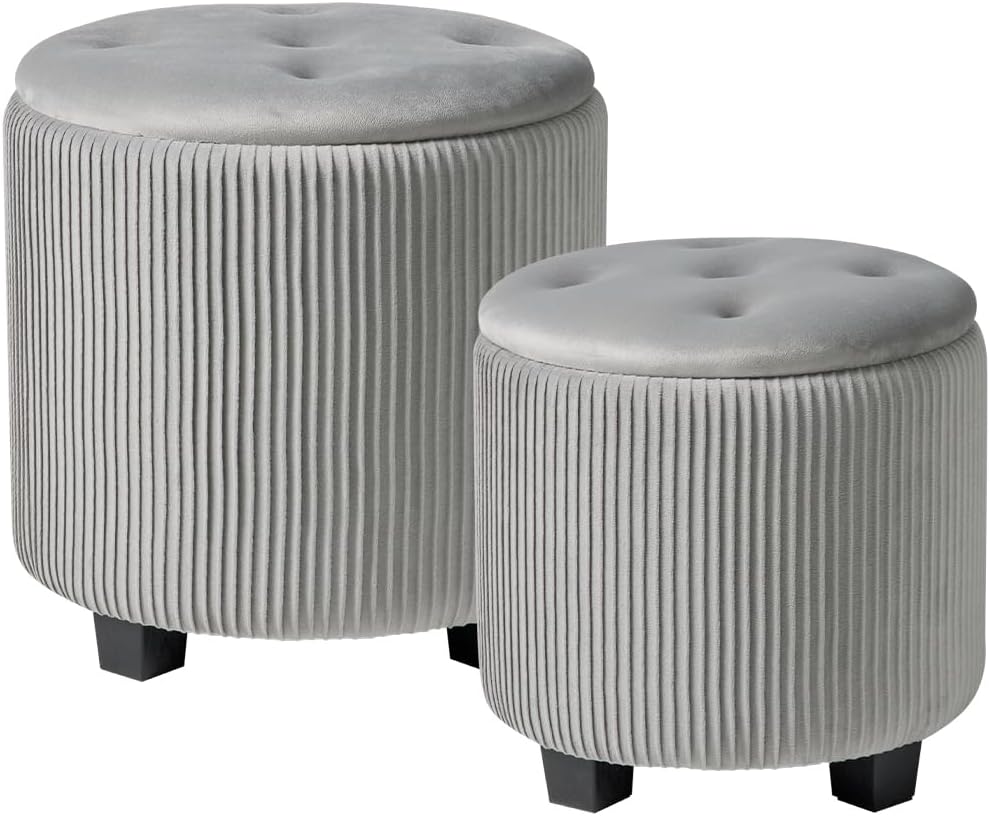 Round Set of 2 Ottoman with Storage-Upholstered Velvet Vanity Stool for Makeup Multifunctional Ottomans Coffee Table Padded Seat Foot Rest for Living Room&Bedroom（White）