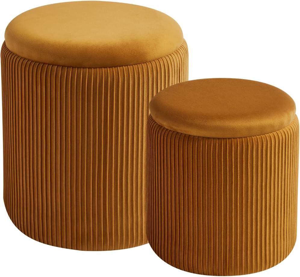 Round Set of 2 Ottoman with Storage-Upholstered Velvet Vanity Stool for Makeup Multifunctional Ottomans Coffee Table Padded Seat Foot Rest for Living Room&Bedroom（White）