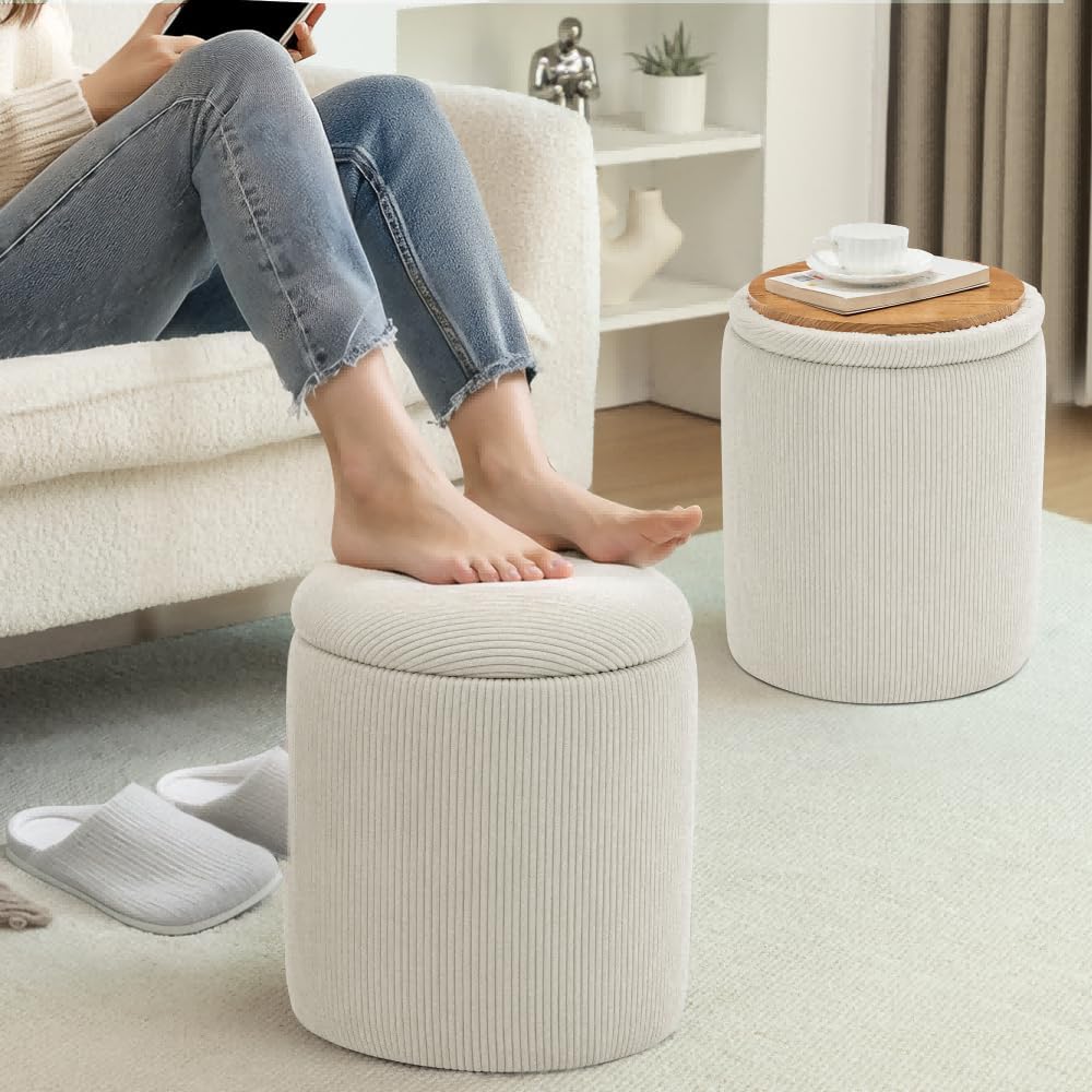 YSICK Round Ottoman with Storage, Set of 2, Small Vanity Stool as Vanity Chair, Corduroy Ottoman Foot Rest for Small Space, Living Room, Bedroom, Beige