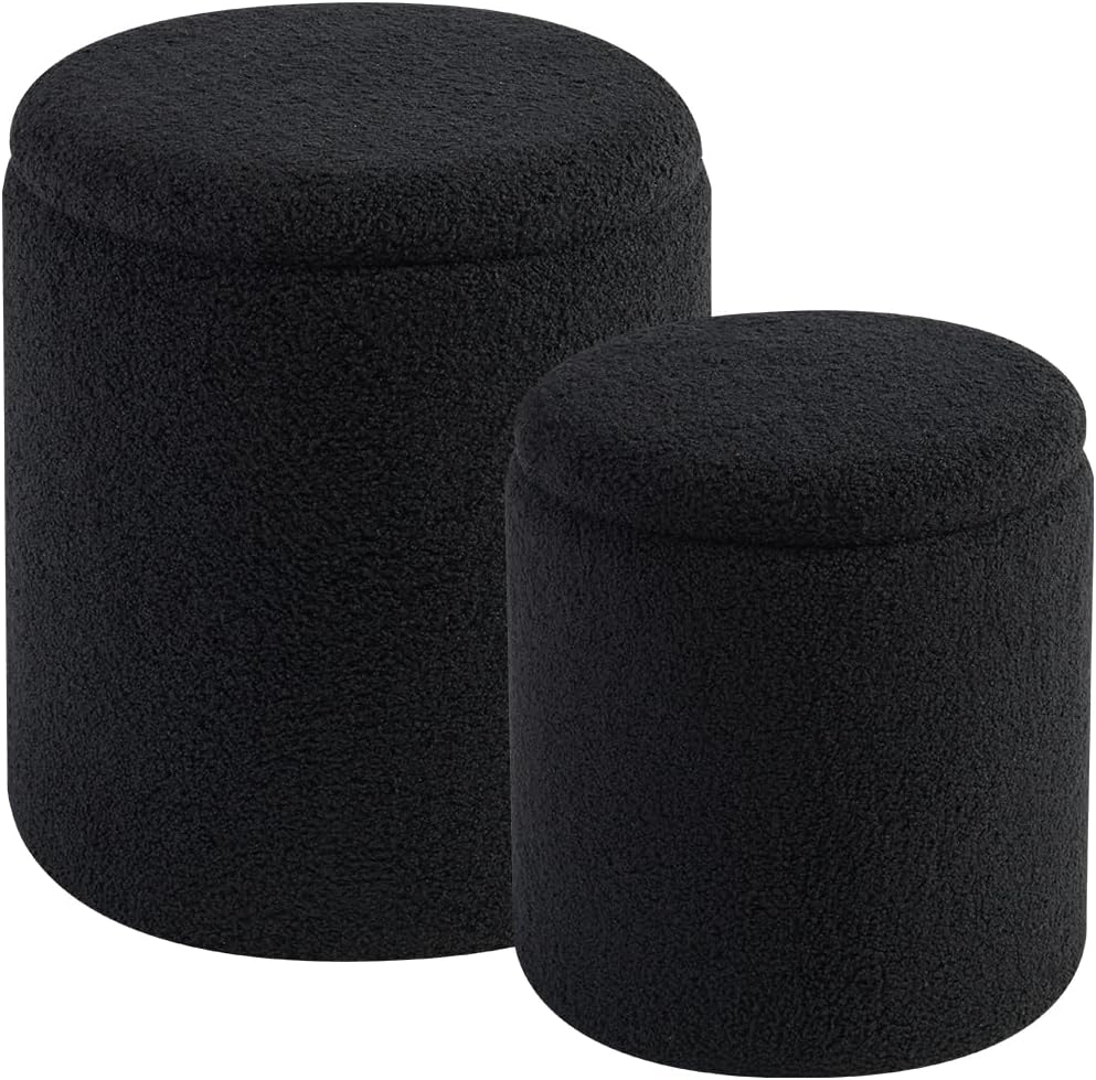 Round Set of 2 Ottoman with Storage-Upholstered Velvet Vanity Stool for Makeup Multifunctional Ottomans Coffee Table Padded Seat Foot Rest for Living Room&Bedroom（White）