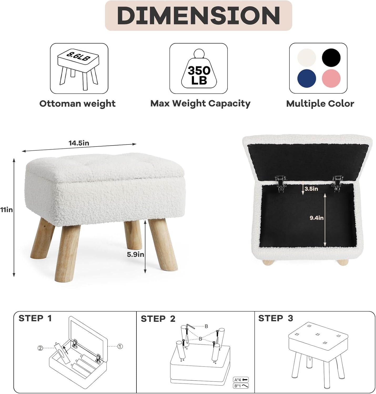 Storage Ottoman, Small Foot Stool Ottoman with Storage, Boucle Teddy Velvet Foot Rest with Padded Seat, Sturdy Wood Legs Stool for Living Room, Bedroom, Couch, Enterway (Cream)
