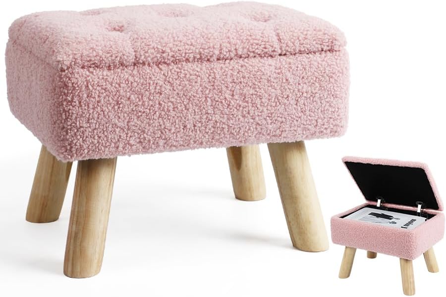 Storage Ottoman, Small Foot Stool Ottoman with Storage, Boucle Teddy Velvet Foot Rest with Padded Seat, Sturdy Wood Legs Stool for Living Room, Bedroom, Couch, Enterway (Cream)