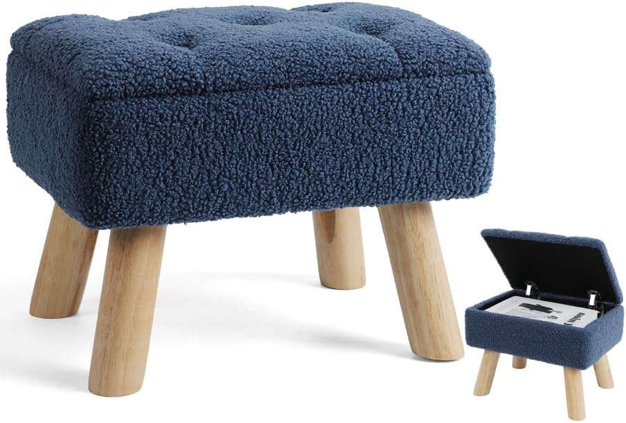 Storage Ottoman, Small Foot Stool Ottoman with Storage, Boucle Teddy Velvet Foot Rest with Padded Seat, Sturdy Wood Legs Stool for Living Room, Bedroom, Couch, Enterway (Cream)