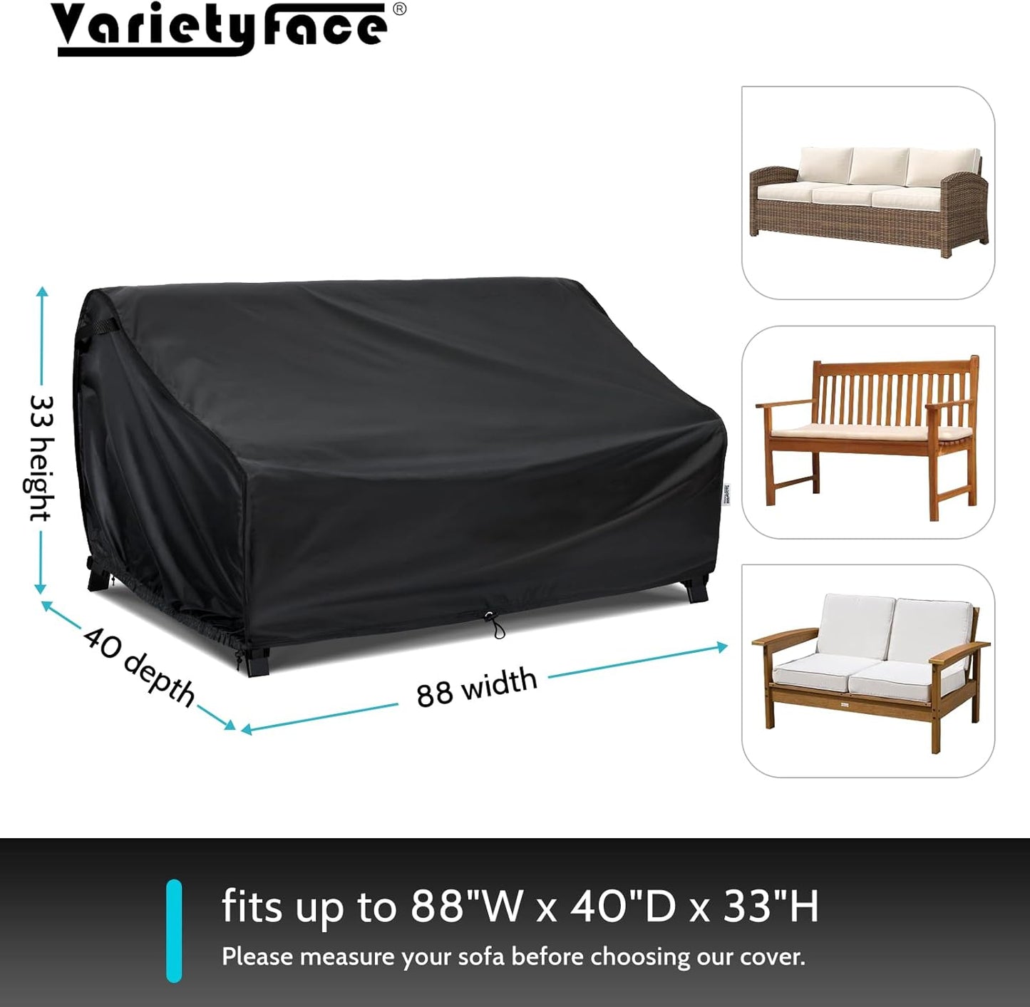 Waterproof 88W×40D×33H Outdoor Sofa Cover - Heavy-Duty 3-Seater Patio Bench Protector, Fits 86-88 Inch Furniture with Anti-Wind Straps & Air Vents, All-Weather Black
