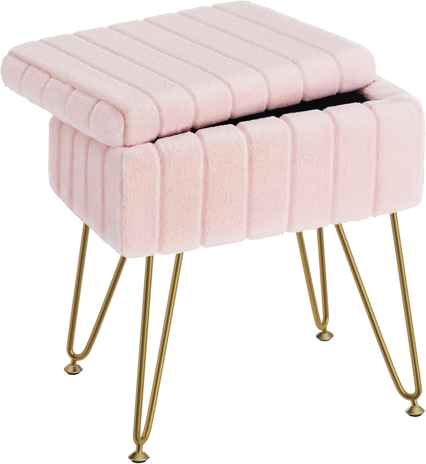 Greenstell Vanity Stool Chair Faux Fur with Storage, 15.7"L x 11.8"W x 19.4"H Soft Ottoman 4 Metal Legs with Anti-Slip Feet, Furry Padded Seat, Modern Multifunctional Chairs for Makeup, Bedroom White