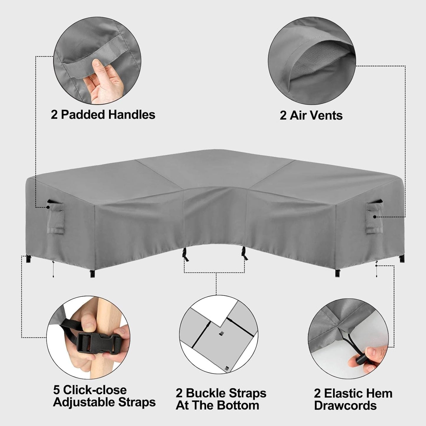 PureFit Outdoor Sectional Sofa Cover Waterproof V Shaped Patio Furniture Covers for Deck, Lawn and Backyard, 89”x89”, Gray